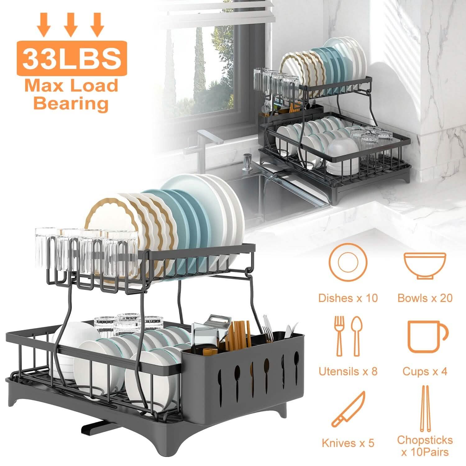 2-Tier Dish Rack Drainer Organizer Set with Utensil Cup Holder Rack Swivel Spout Kitchen Storage - Tophatter Daily Deals