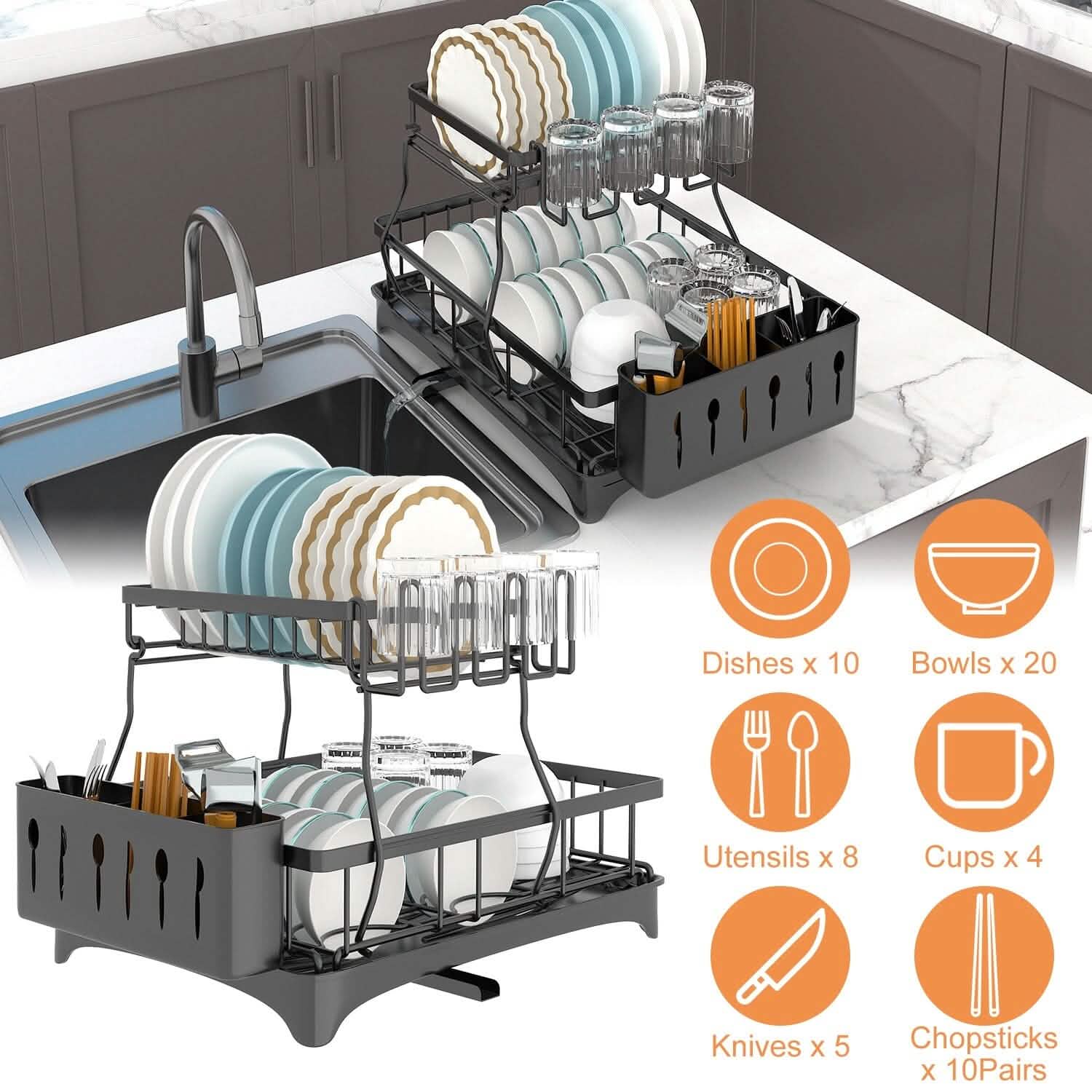 2-Tier Dish Rack Drainer Organizer Set with Utensil Cup Holder Rack Swivel Spout Kitchen Storage - Tophatter Daily Deals