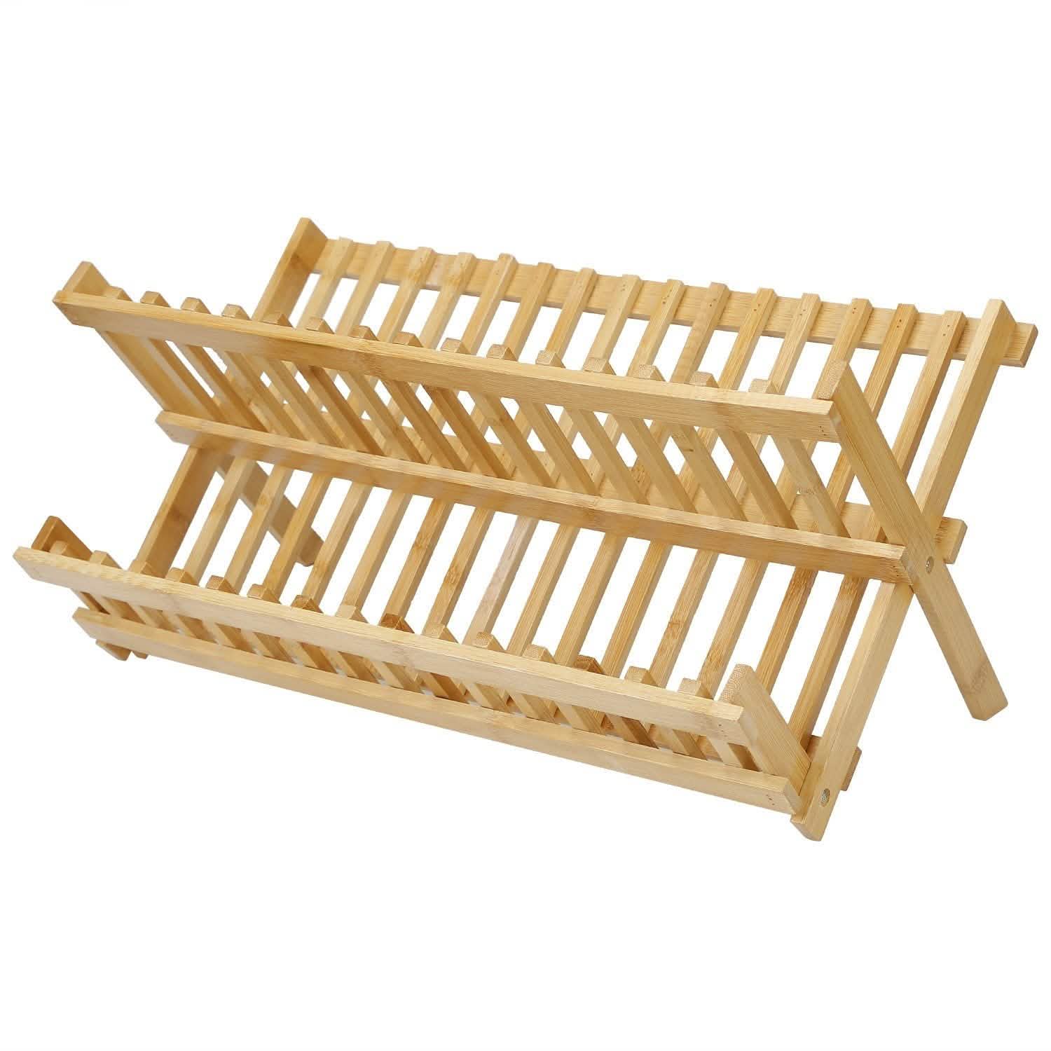 2-Tier Foldable Bamboo Dish Drying Rack Kitchen Storage - Tophatter Daily Deals