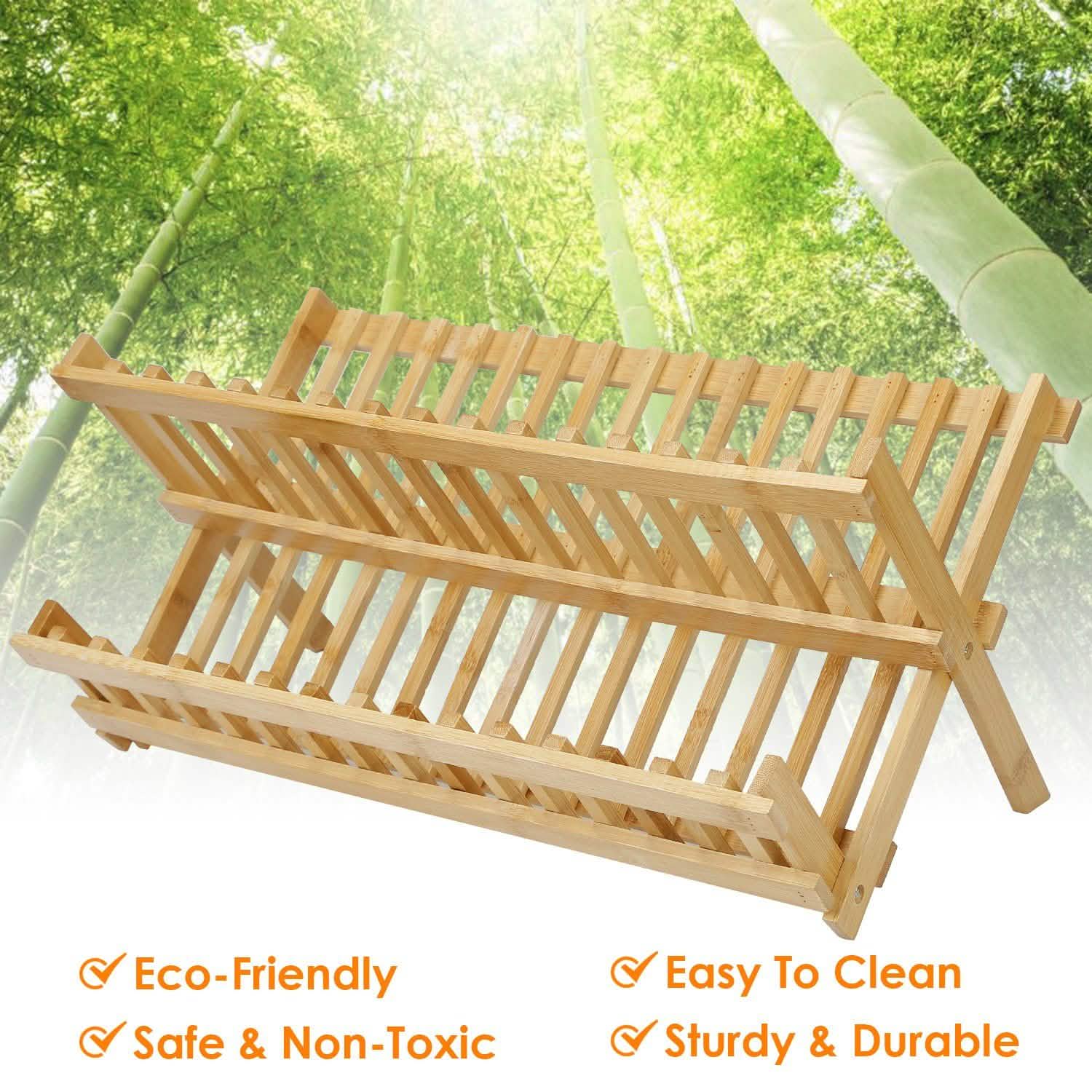 2-Tier Foldable Bamboo Dish Drying Rack Kitchen Storage - Tophatter Daily Deals