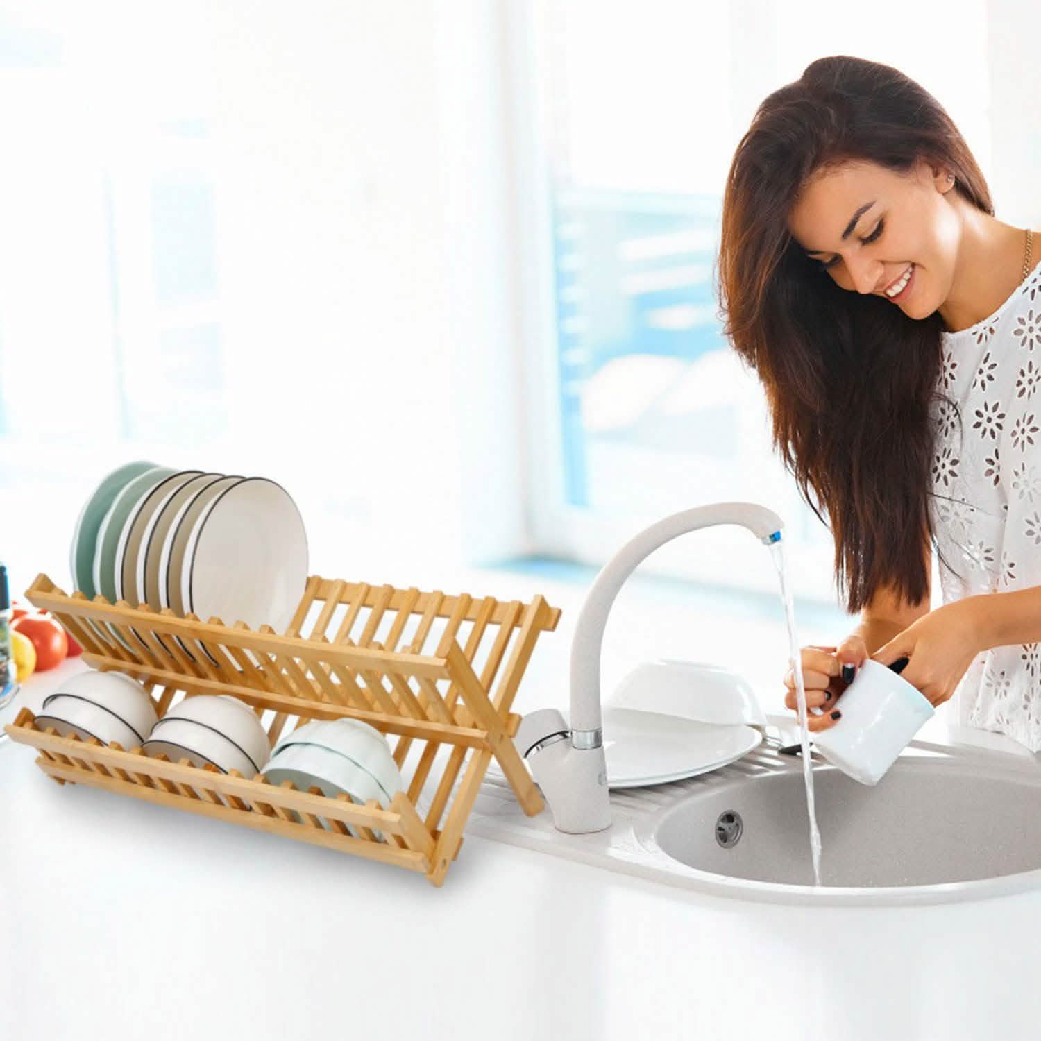 2-Tier Foldable Bamboo Dish Drying Rack Kitchen Storage - Tophatter Daily Deals