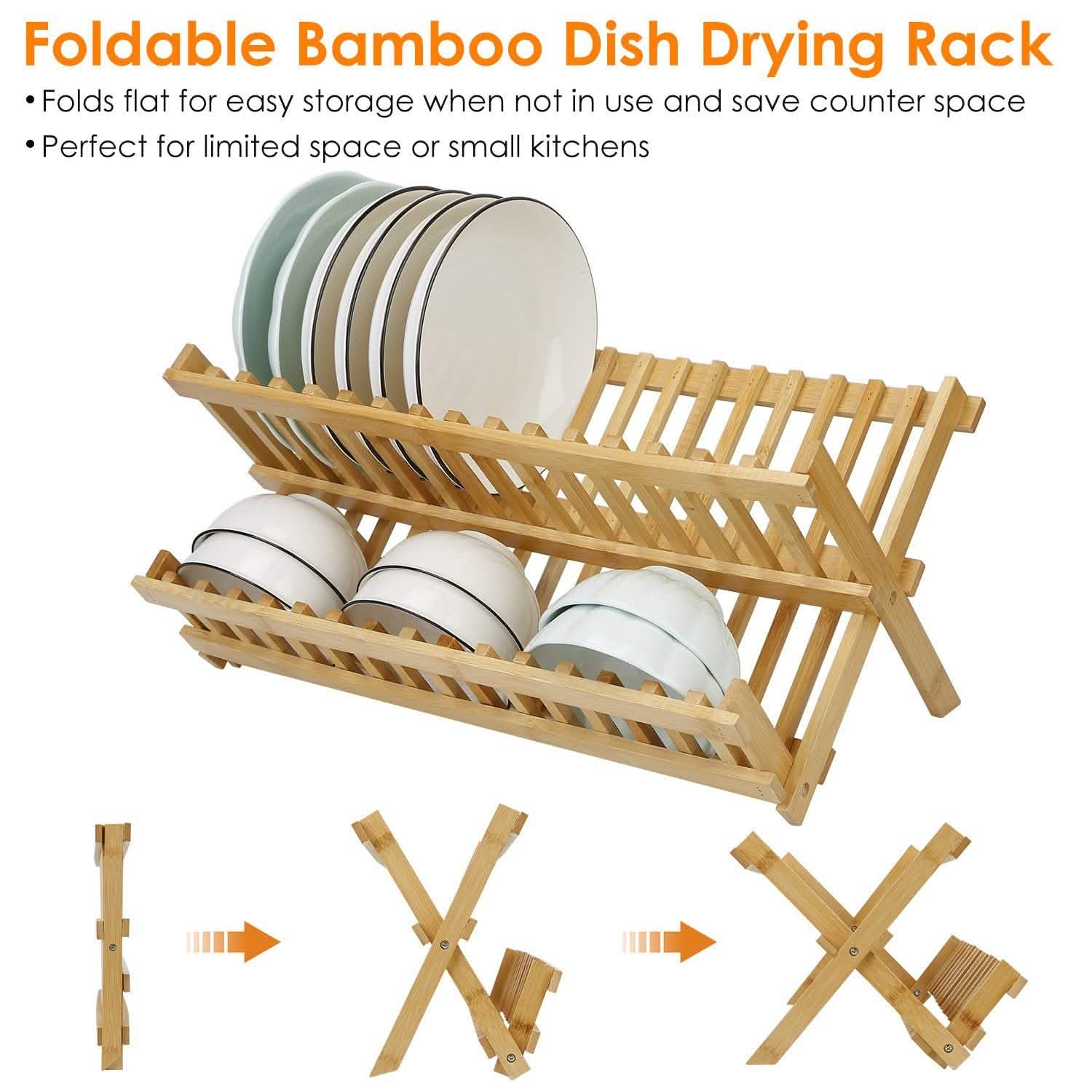 2-Tier Foldable Bamboo Dish Drying Rack Kitchen Storage - Tophatter Daily Deals