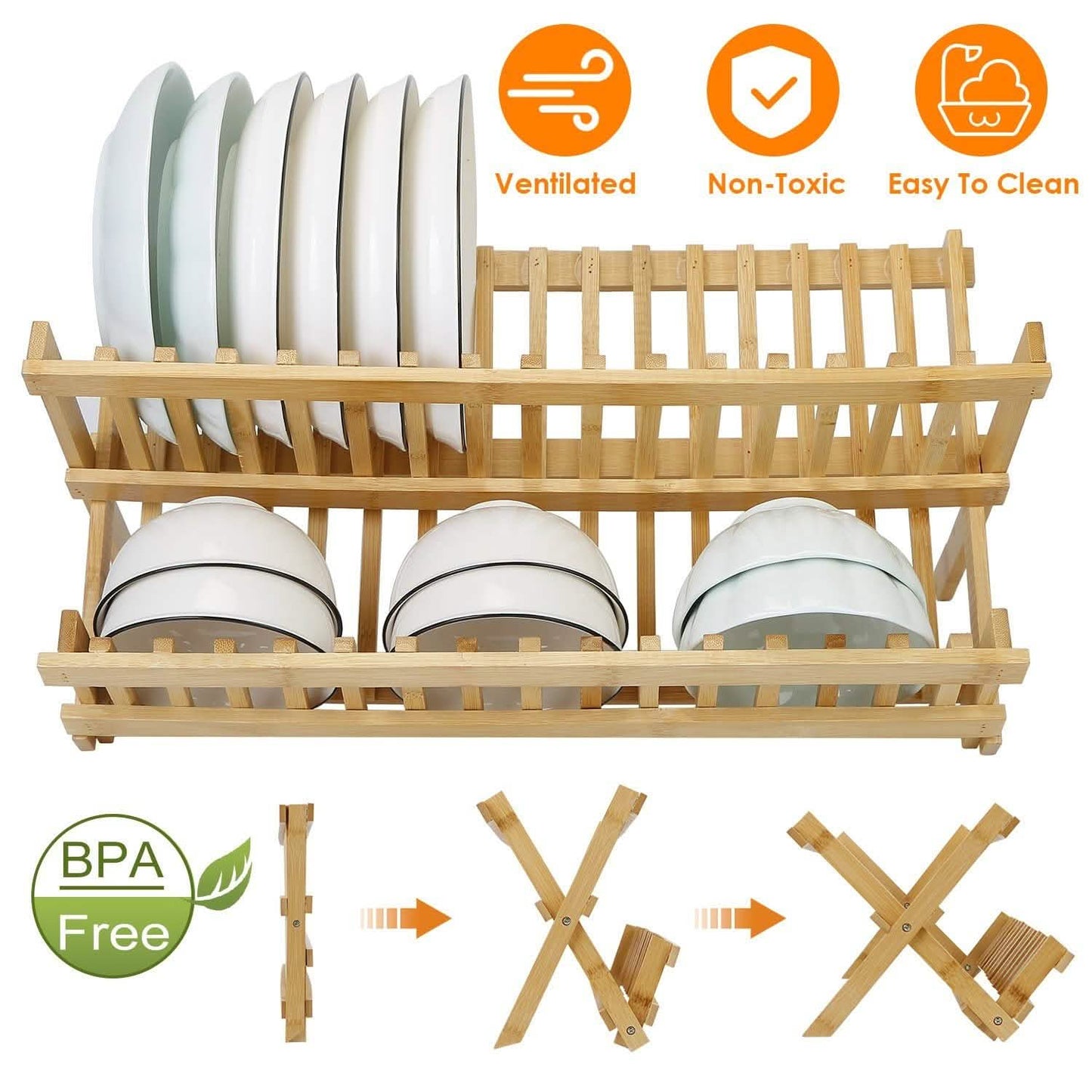 2-Tier Foldable Bamboo Dish Drying Rack Kitchen Storage - Tophatter Daily Deals