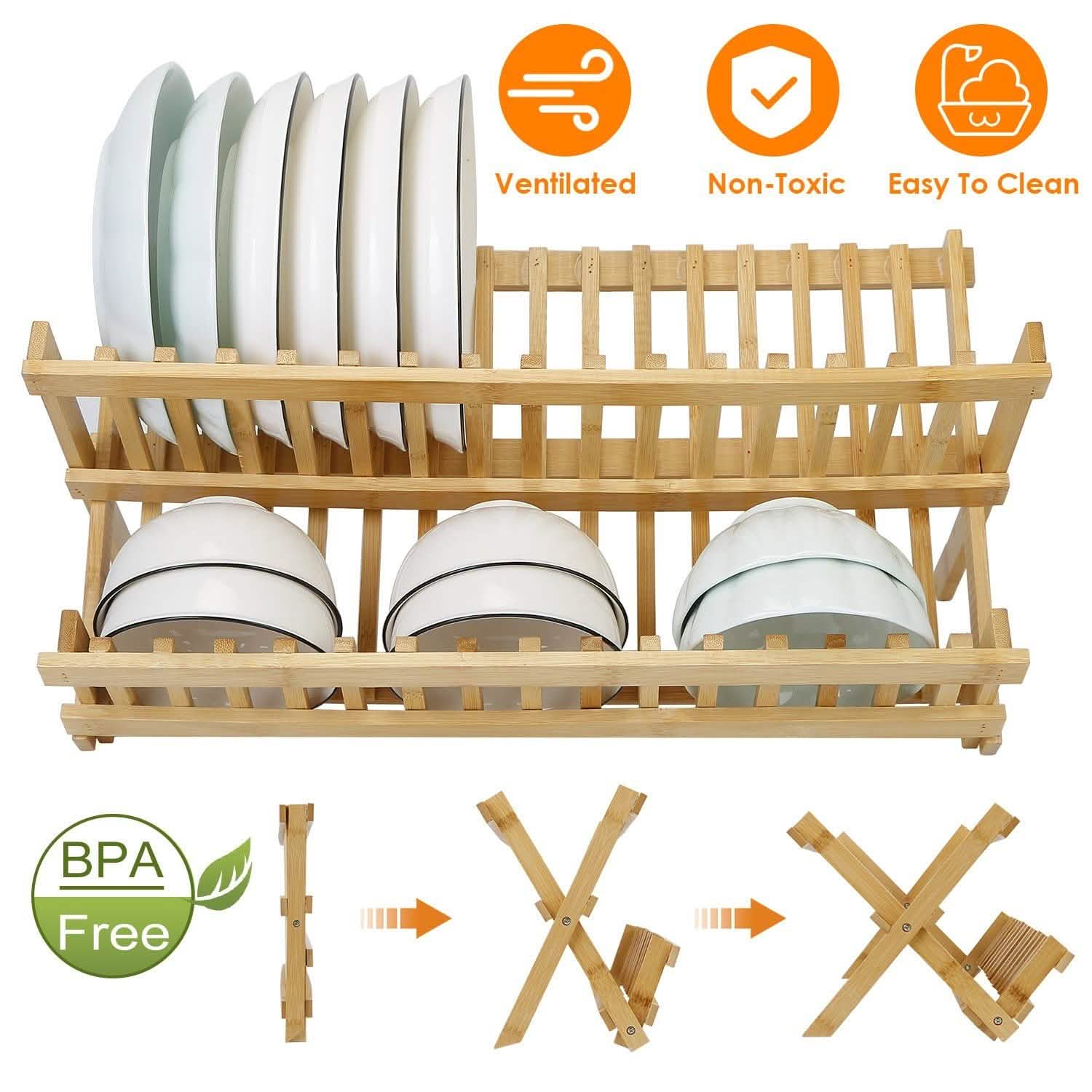 2-Tier Foldable Bamboo Dish Drying Rack Kitchen Storage - Tophatter Daily Deals