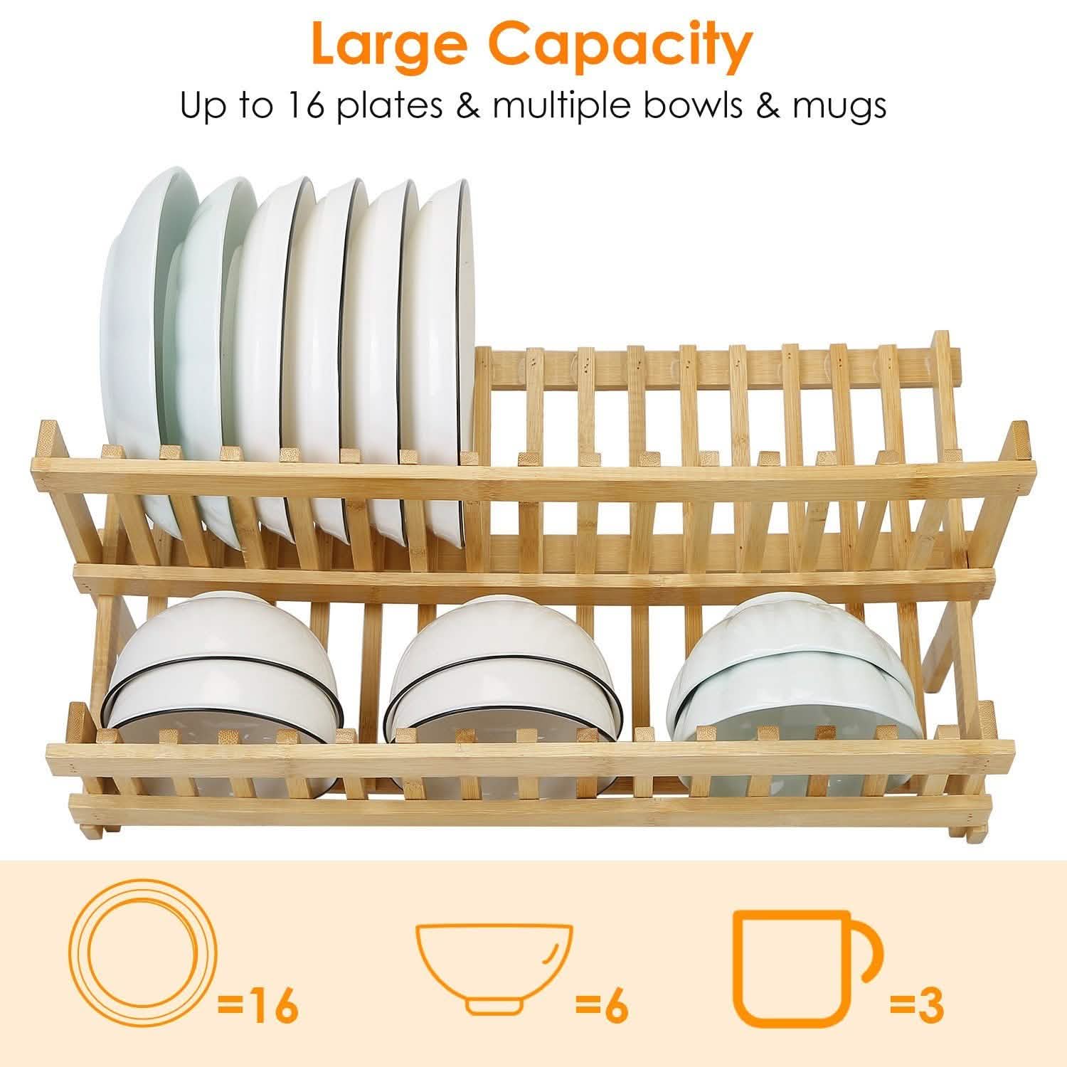 2-Tier Foldable Bamboo Dish Drying Rack Kitchen Storage - Tophatter Daily Deals