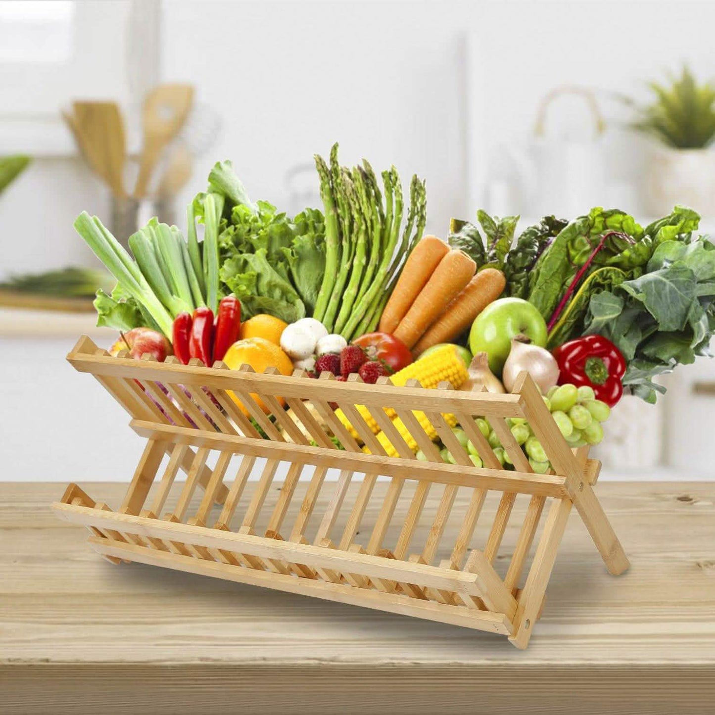 2-Tier Foldable Bamboo Dish Drying Rack Kitchen Storage - Tophatter Daily Deals