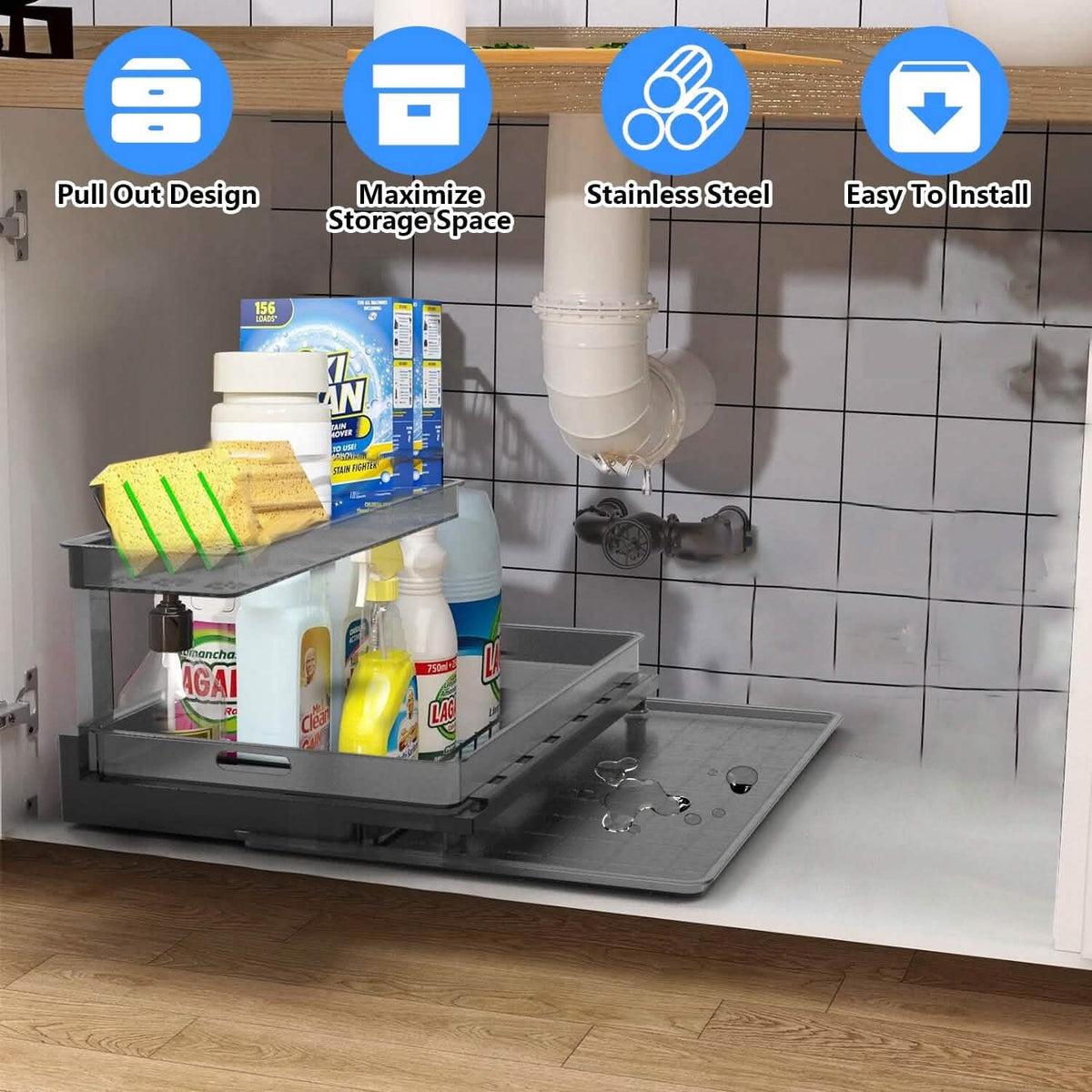 2-Tier Pull Out Under Sink Organizer Kitchen Storage - Tophatter Daily Deals