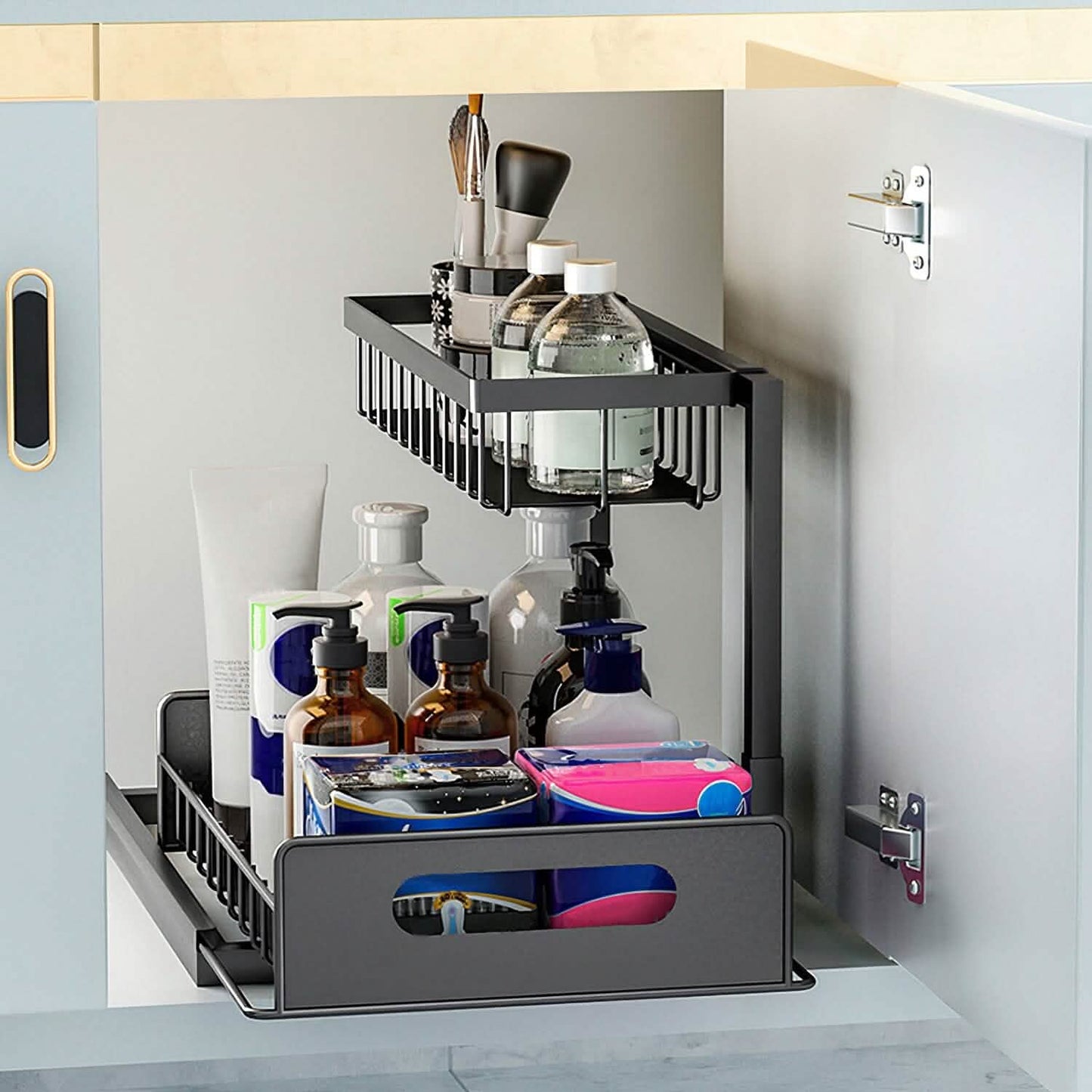 2-Tier Under Sink Organizer Pull Out Basket Storage Kitchen Storage - Tophatter Daily Deals
