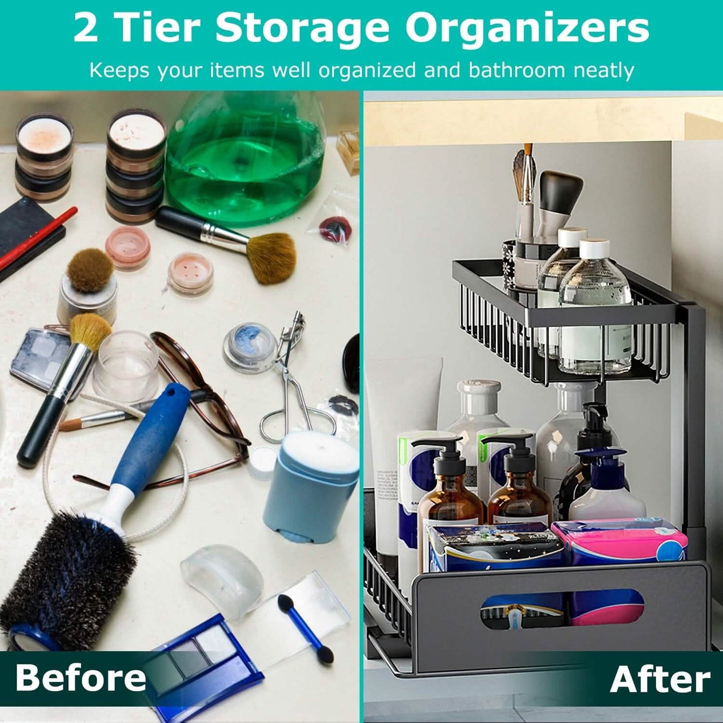 2-Tier Under Sink Organizer Pull Out Basket Storage Kitchen Storage - Tophatter Daily Deals