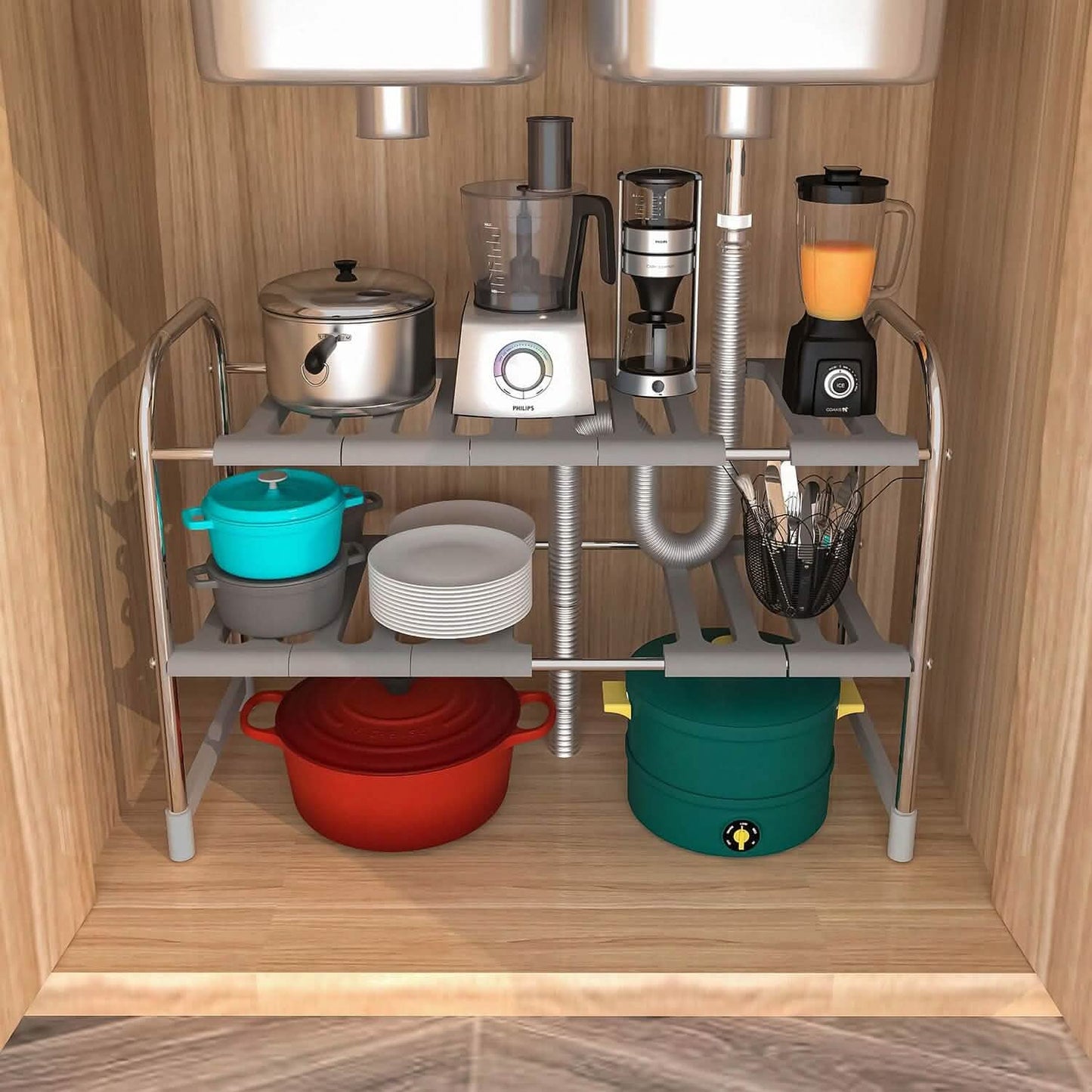 2-Tier Under Sink Organizer Retractable Kitchen Rack Holder Kitchen Storage - Tophatter Daily Deals