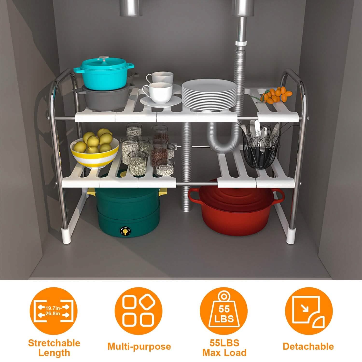 2-Tier Under Sink Organizer Retractable Kitchen Rack Holder Kitchen Storage - Tophatter Daily Deals