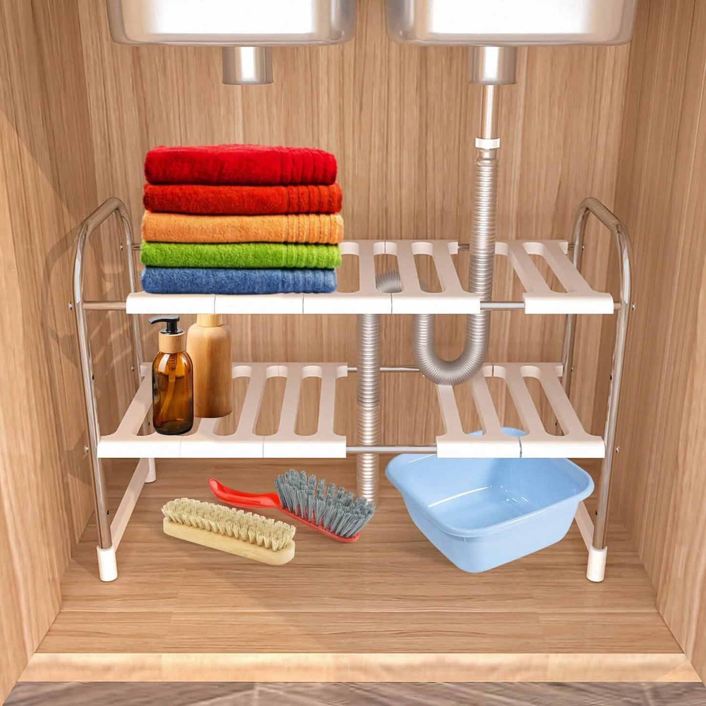 2-Tier Under Sink Organizer Retractable Kitchen Rack Holder Kitchen Storage - Tophatter Daily Deals