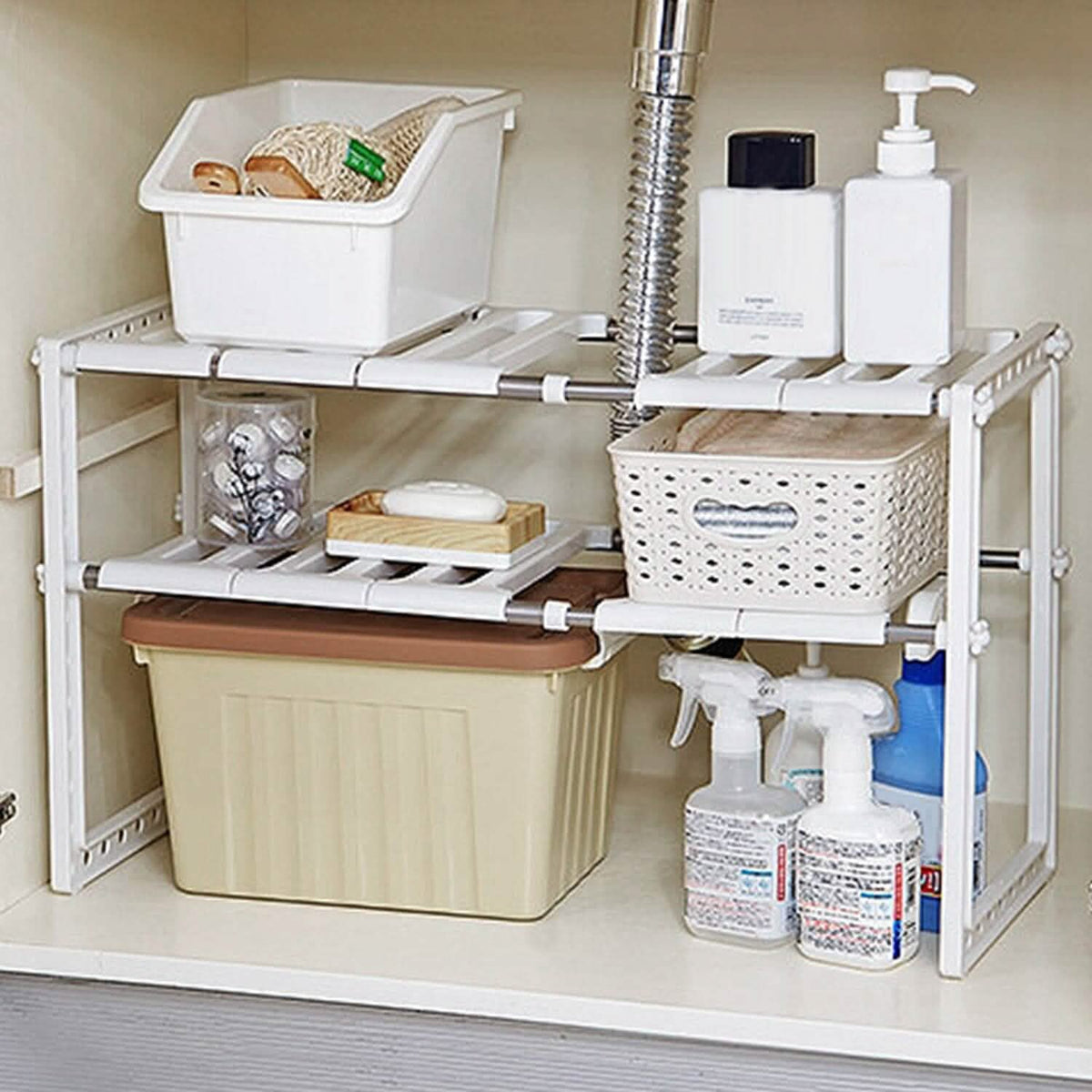 2-Tier Under Sink Organizer Retractable Space Saving Storage Kitchen Storage - Tophatter Daily Deals