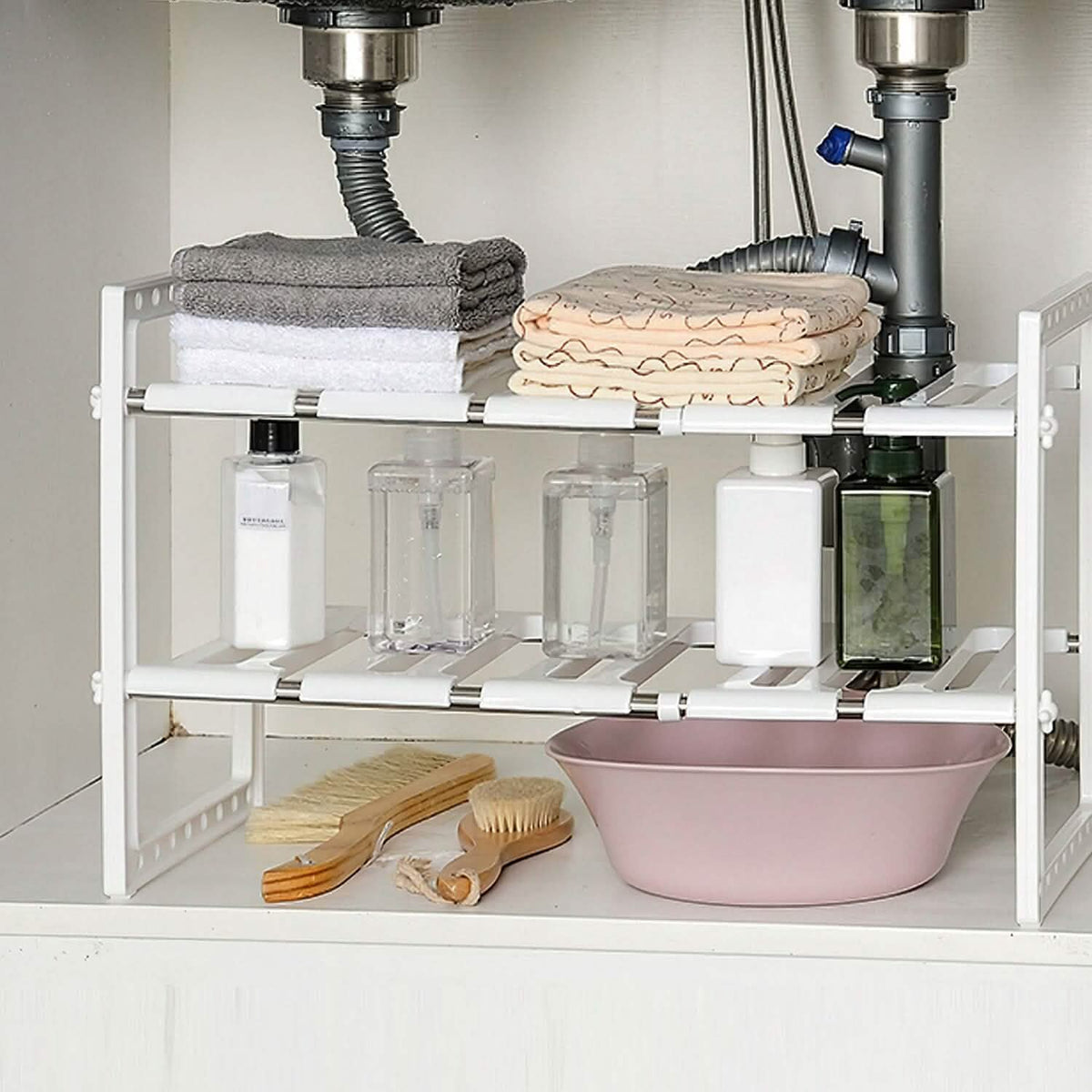2-Tier Under Sink Organizer Retractable Space Saving Storage Kitchen Storage - Tophatter Daily Deals