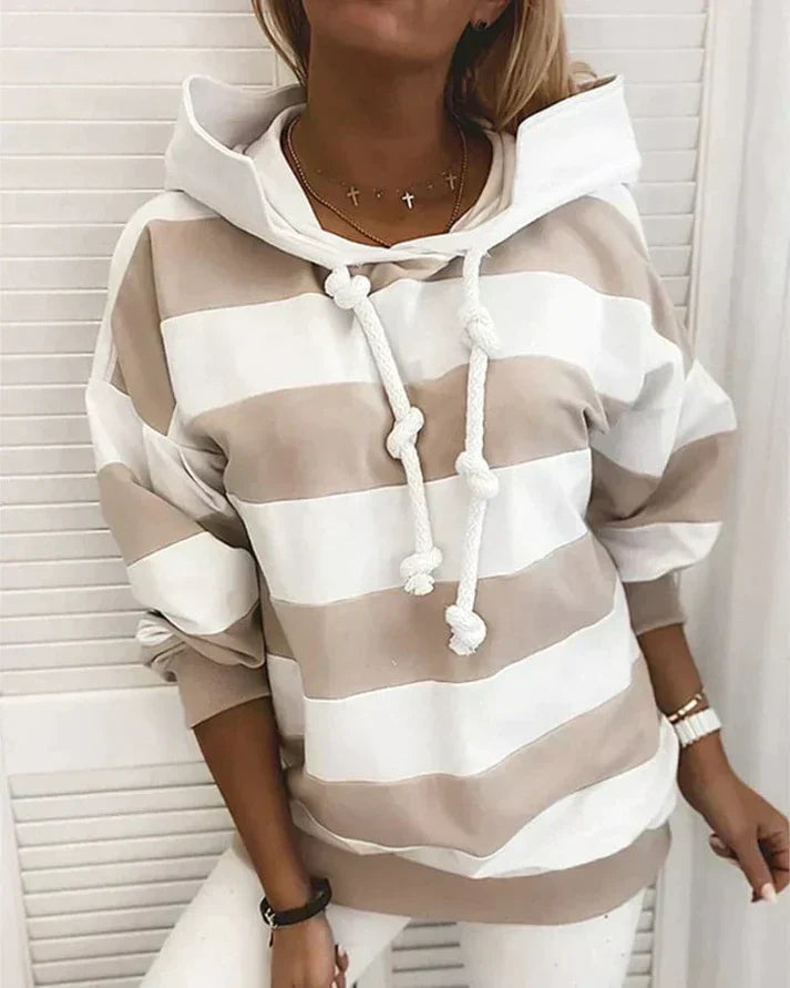 Soft Women’s Hooded Pullover - Striped Relaxed Cotton, Casual Beige - Tophatter Daily Deals