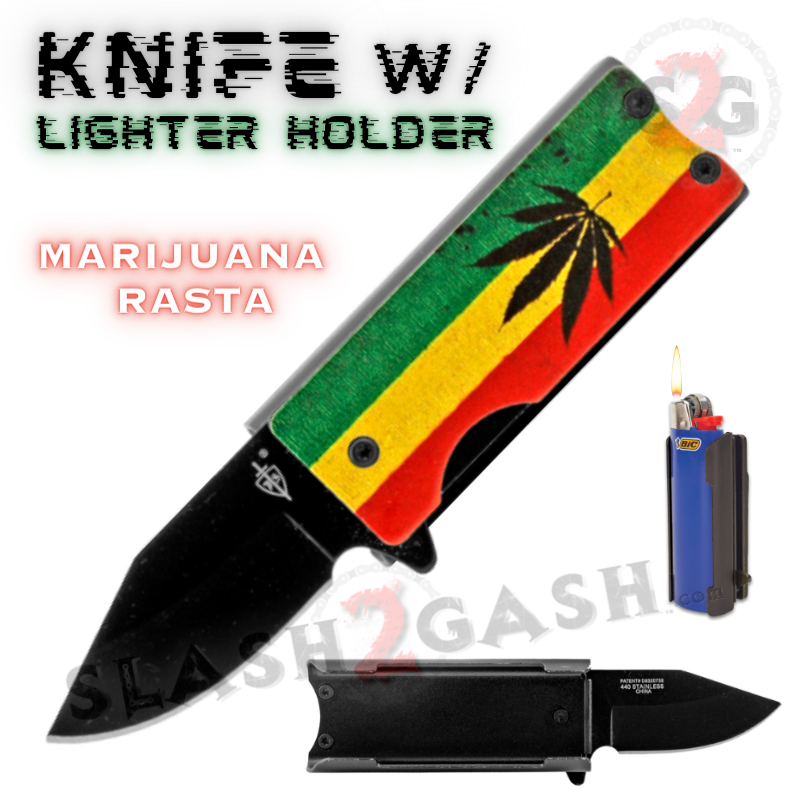Spring Assisted Folding Pocket Knife Lighter Holder 2.625" - Asst. colors Marijuana Rasta Knife-Assist - Tophatter Daily Deals