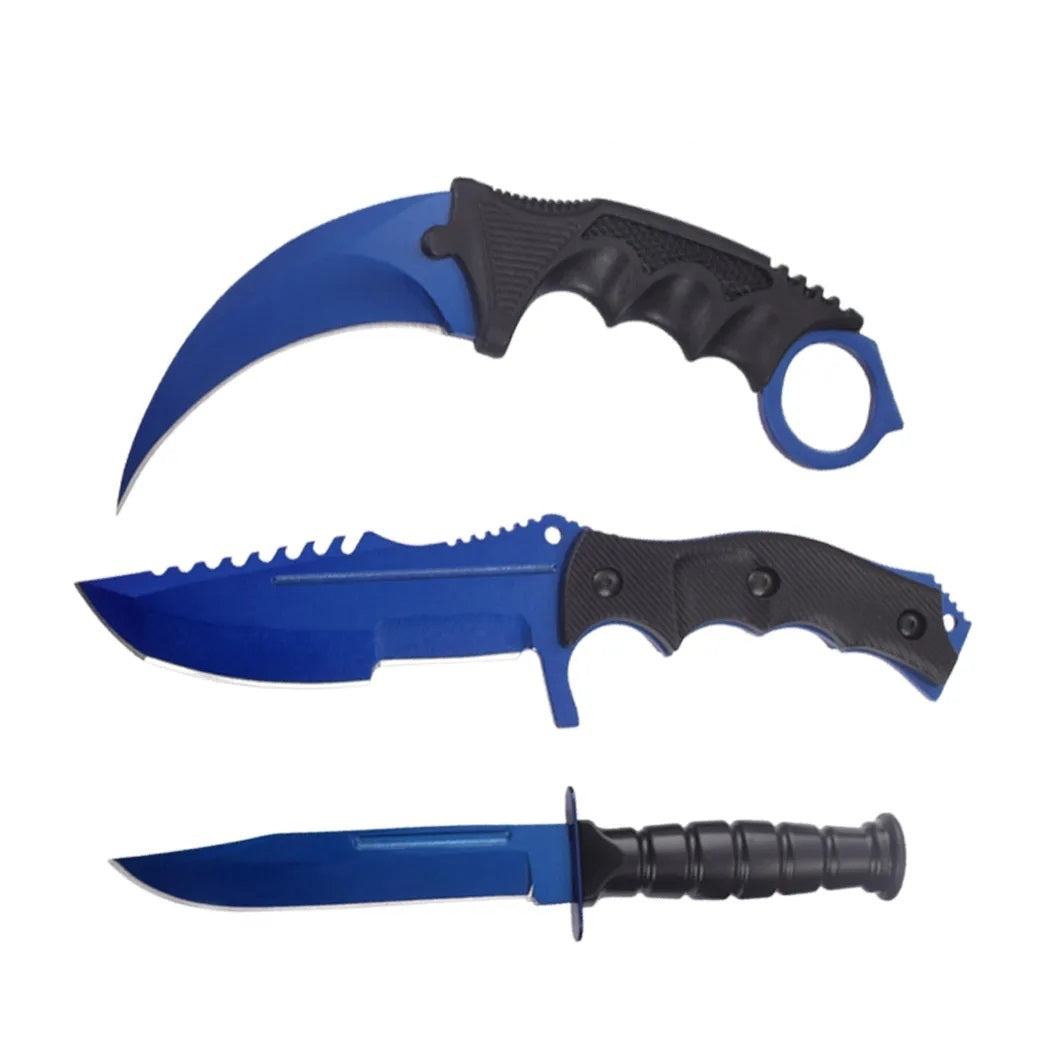 3 Pc Combo CSGO Blue Tactical Fixed Blade Knife Set - Karambit, Huntsman, Combat Knife Collectible Weapons - Tophatter Daily Deals