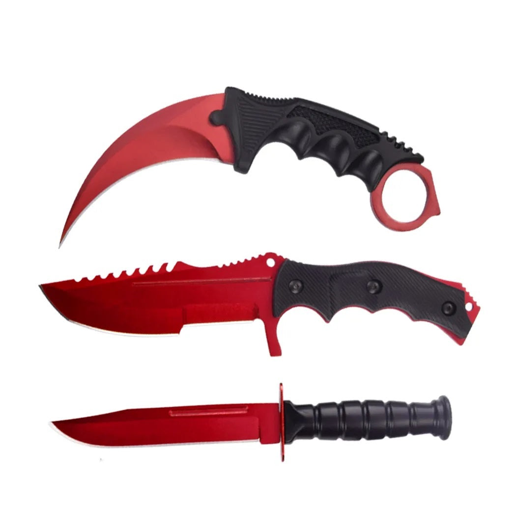3 Pc Combo CSGO Red Tactical Fixed Blade Knife Set - Karambit, Huntsman, Combat Knife Collectible Weapons - Tophatter Daily Deals