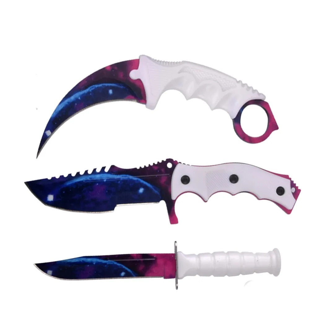 3 Pc Combo CSGO White Galaxy Tactical Fixed Blade Knife Set - Karambit, Huntsman, Combat Knife - Tophatter's Guns'N'Weapons Store - FREE SHIPPING Collectible Weapons - Tophatter Daily Deals