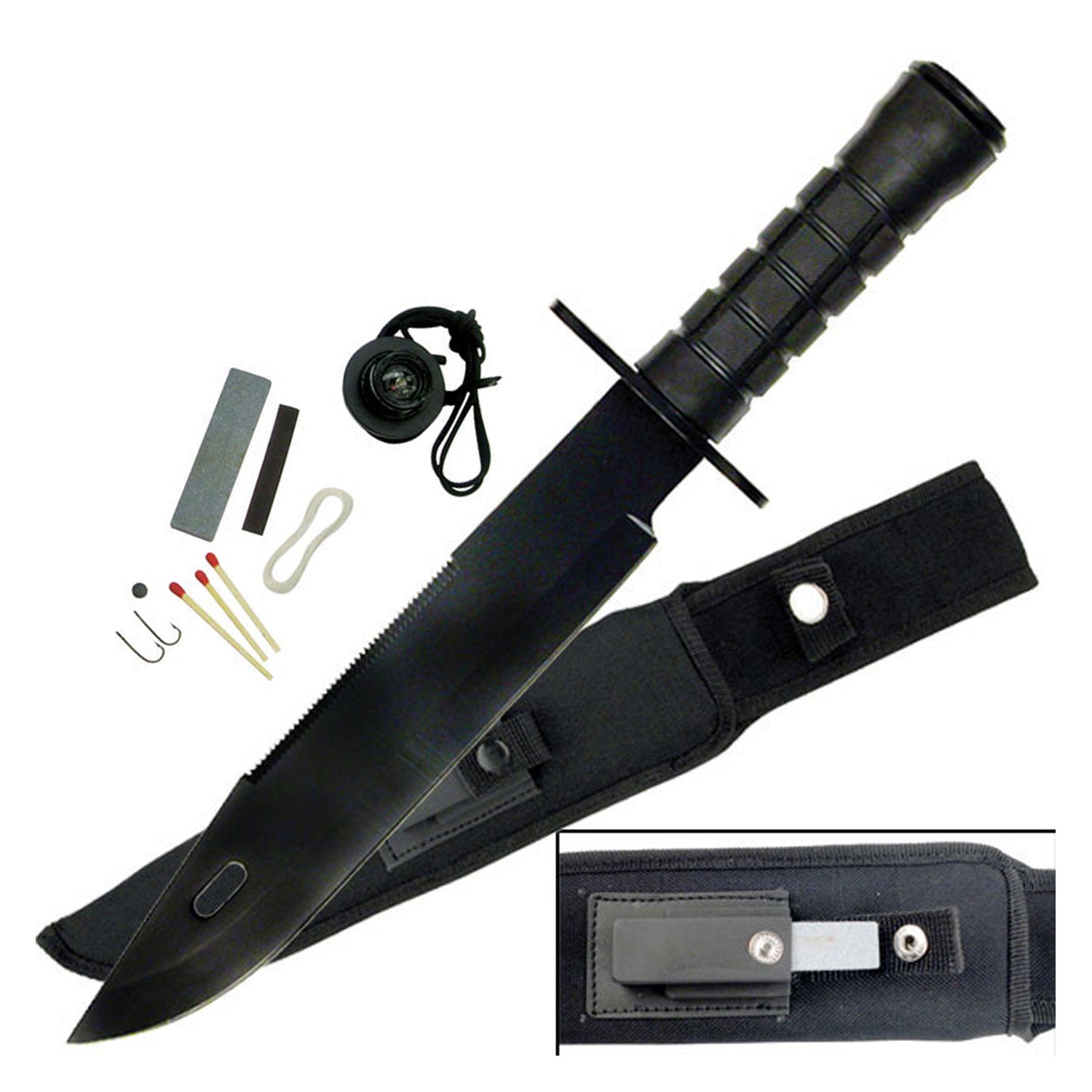 15" Tactical Hunting Rambo Fixed Blade Knife Bowie with Survival Kit Collectible Weapons - Tophatter Daily Deals