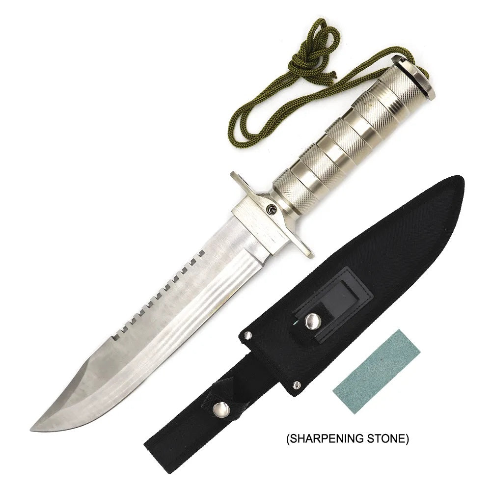 15" Silver Tactical Hunting Fixed Blade Knife with Survival Kit - Tophatter's Guns'N'Weapons Store Collectible Weapons - Tophatter Daily Deals
