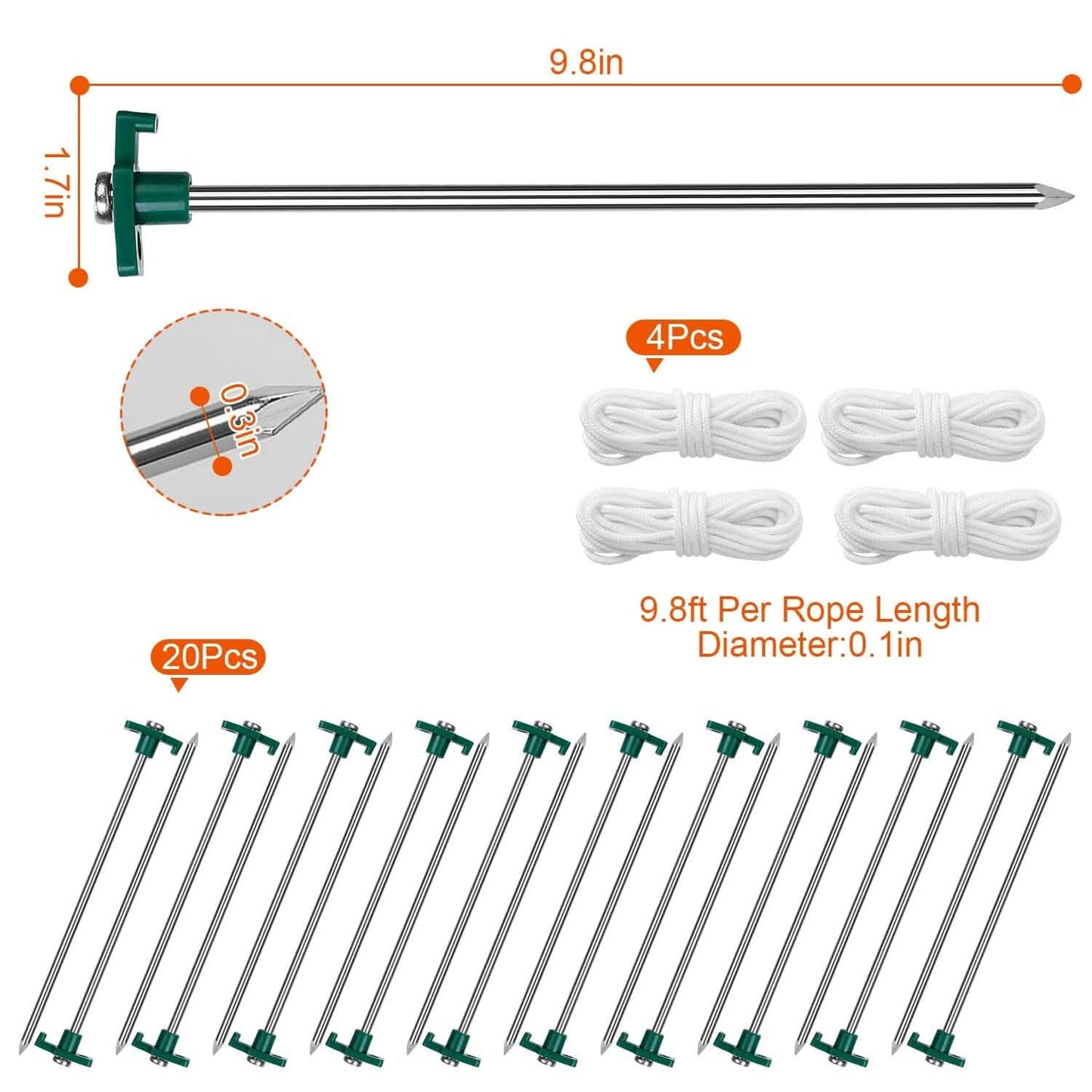 20-Piece: 9.8-Inch Tent Pegs Ropes Set Outdoor Recreation - Tophatter Daily Deals
