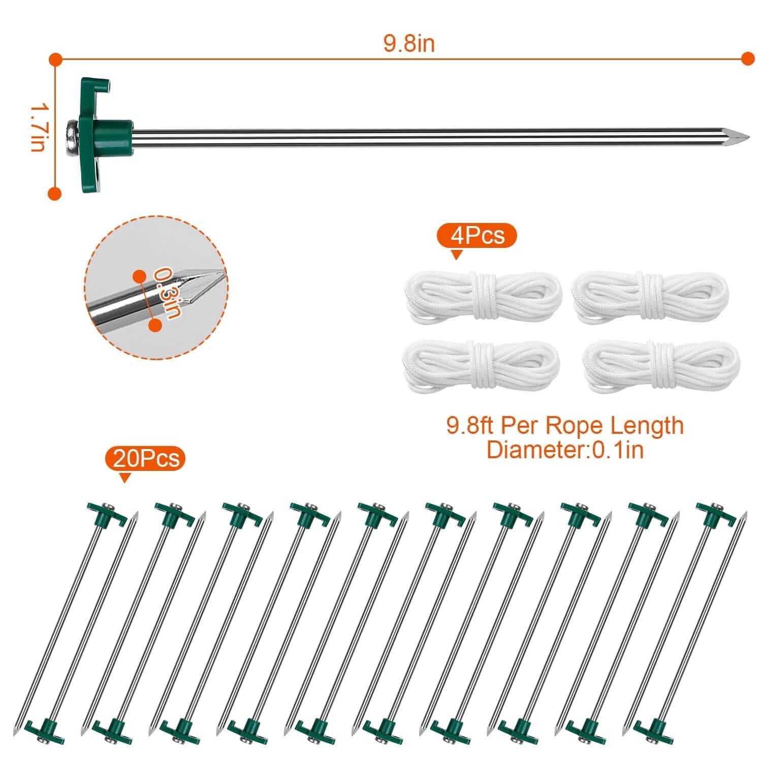 20-Piece: 9.8-Inch Tent Pegs Ropes Set Outdoor Recreation - Tophatter Daily Deals