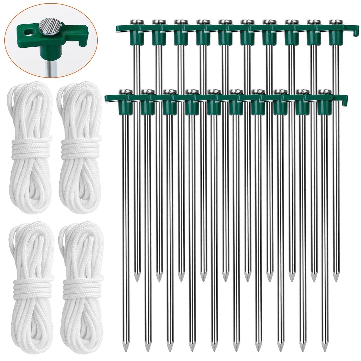 20-Piece: 9.8-Inch Tent Pegs Ropes Set Outdoor Recreation - Tophatter Daily Deals