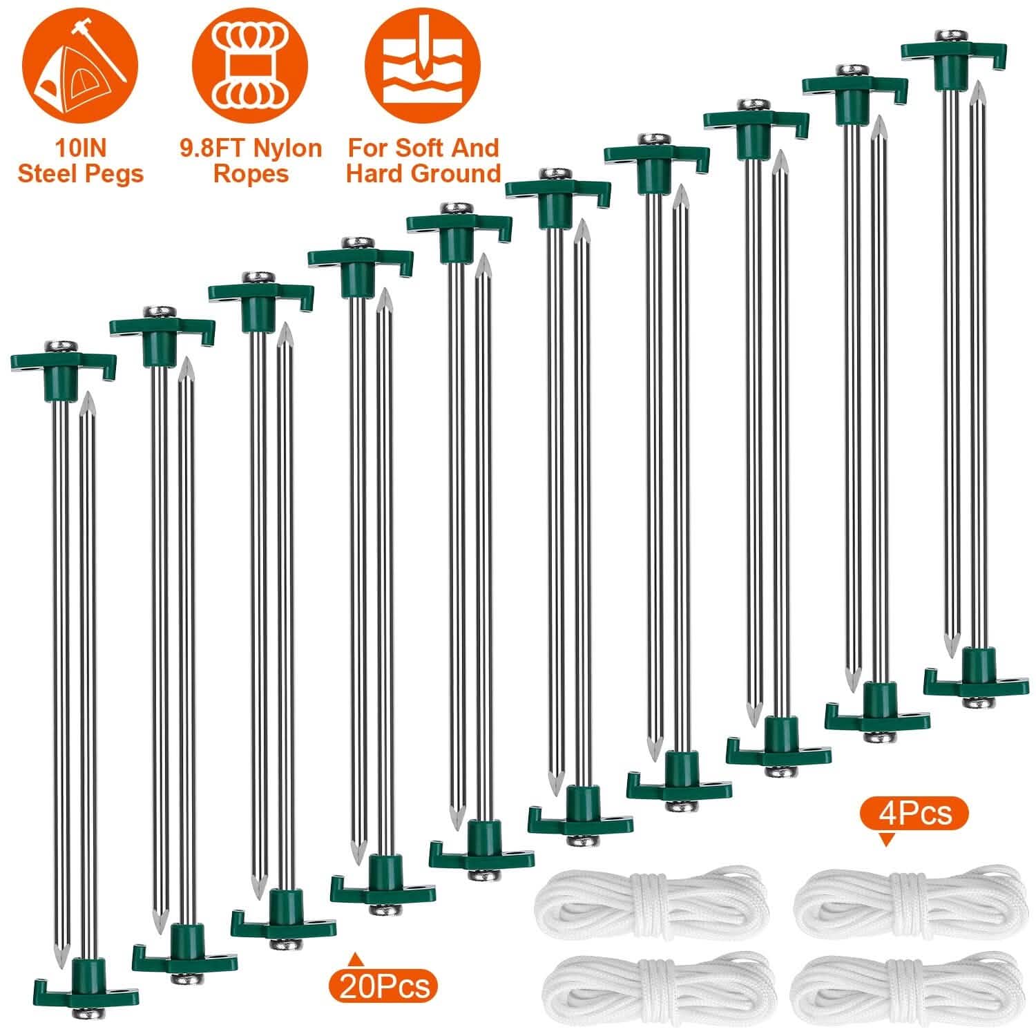 20-Piece: 9.8-Inch Tent Pegs Ropes Set Outdoor Recreation - Tophatter Daily Deals