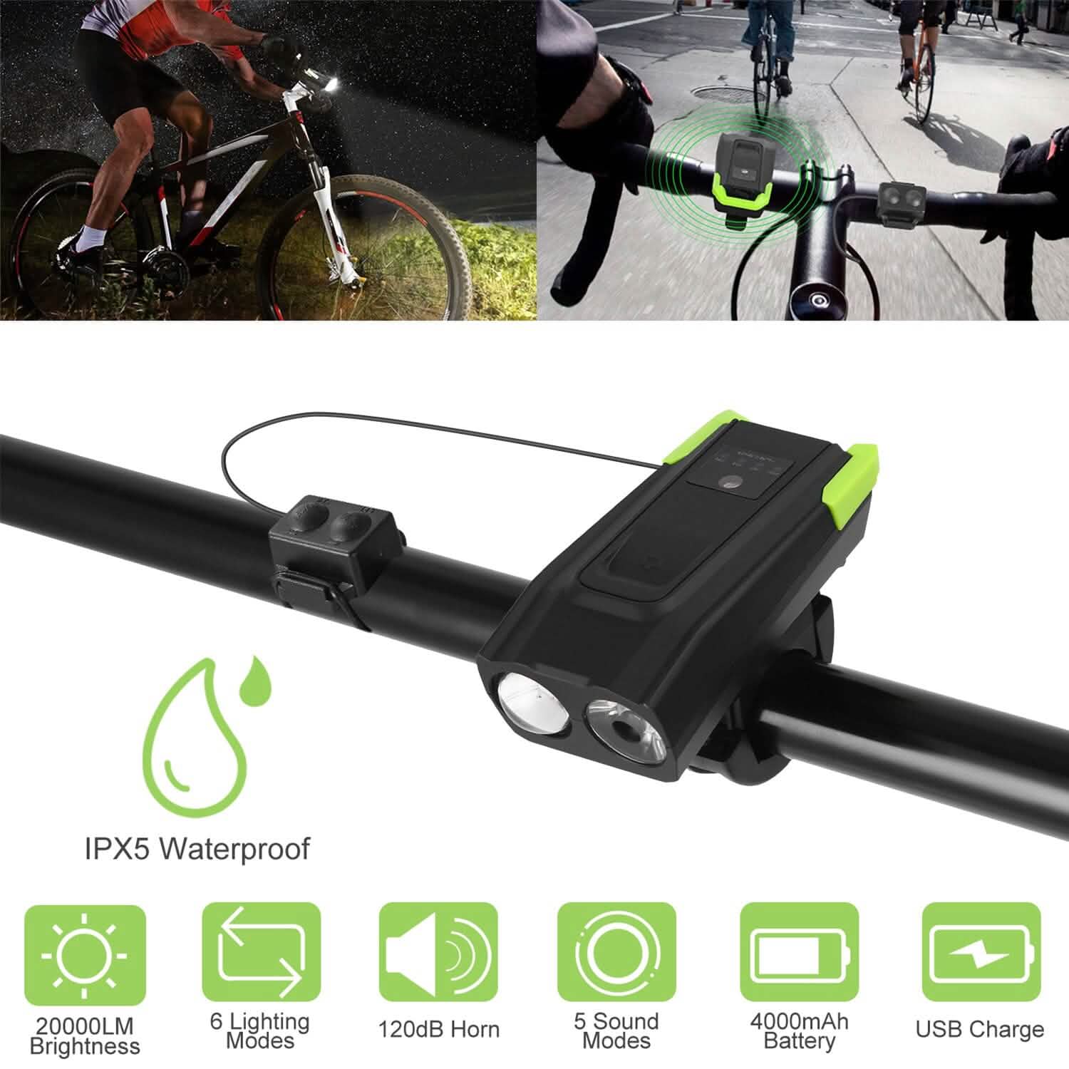 20000LM Bike Front Light with 120dB Loud Horn Outdoor Recreation - Tophatter Daily Deals