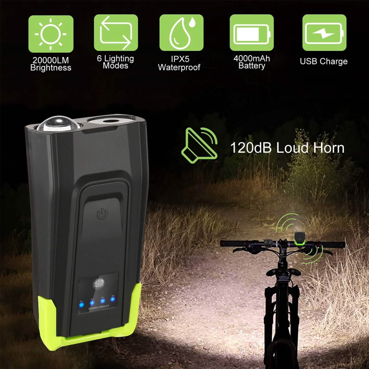 20000LM Bike Front Light with 120dB Loud Horn Outdoor Recreation - Tophatter Daily Deals