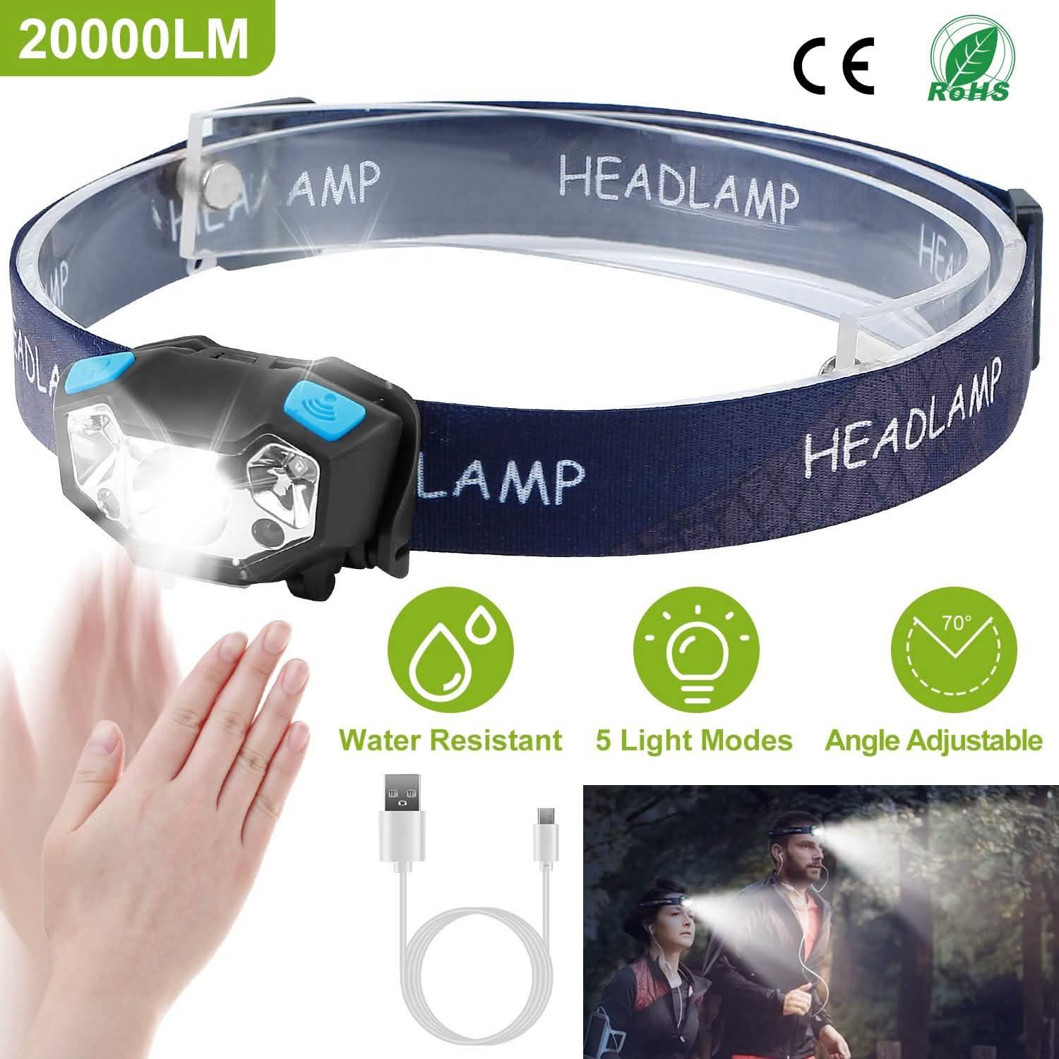 20000LM LED Headlamp USB Rechargeable Wave Motion Sensor Headlight Outdoor Recreation - Tophatter Daily Deals