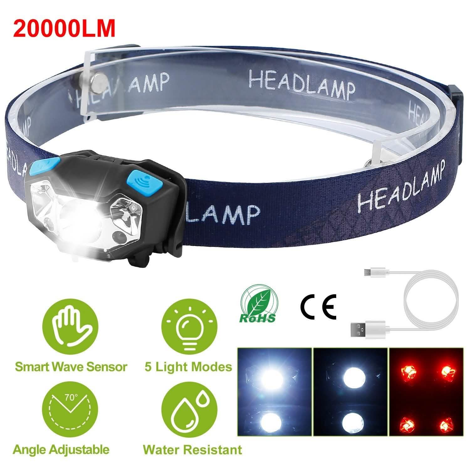 20000LM LED Headlamp USB Rechargeable Wave Motion Sensor Headlight Outdoor Recreation - Tophatter Daily Deals