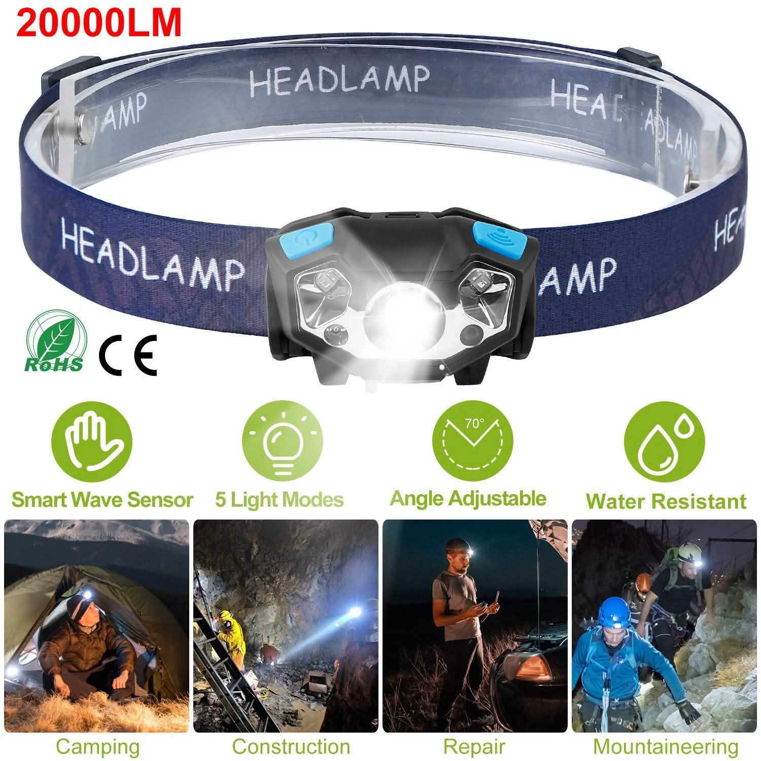 20000LM LED Headlamp USB Rechargeable Wave Motion Sensor Headlight Outdoor Recreation - Tophatter Daily Deals