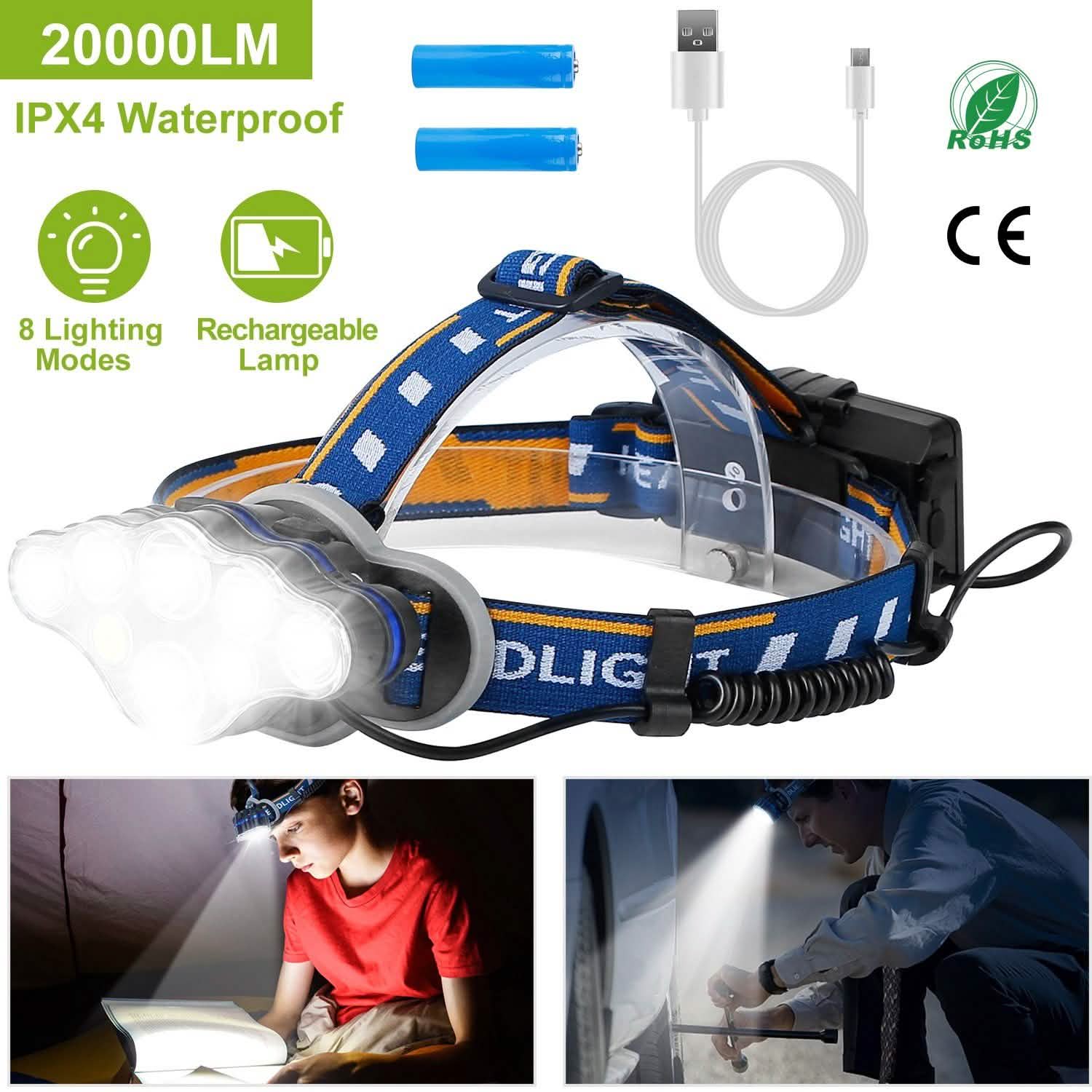 20000LM Rechargeable LED Headlamp with 8 Lighting Modes Outdoor Recreation - Tophatter Daily Deals