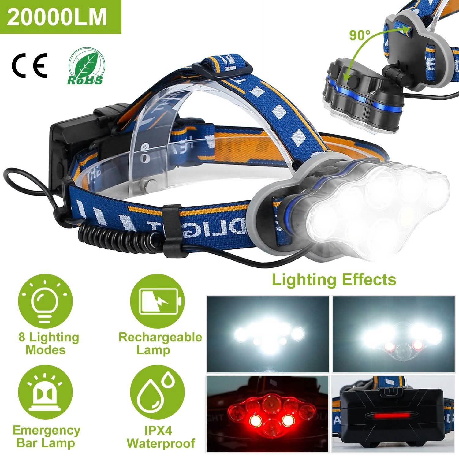 20000LM Rechargeable LED Headlamp with 8 Lighting Modes Outdoor Recreation - Tophatter Daily Deals