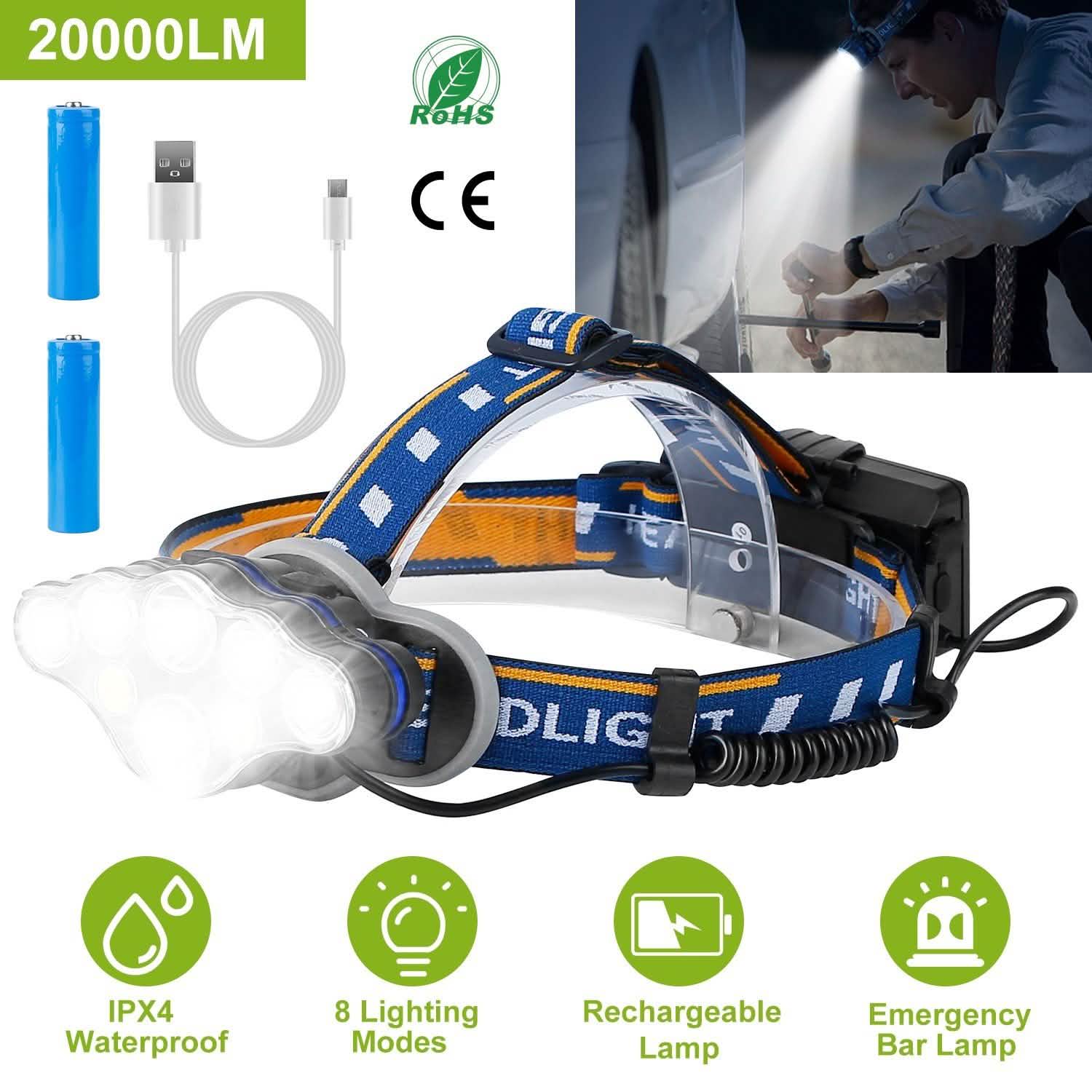 20000LM Rechargeable LED Headlamp with 8 Lighting Modes Outdoor Recreation - Tophatter Daily Deals