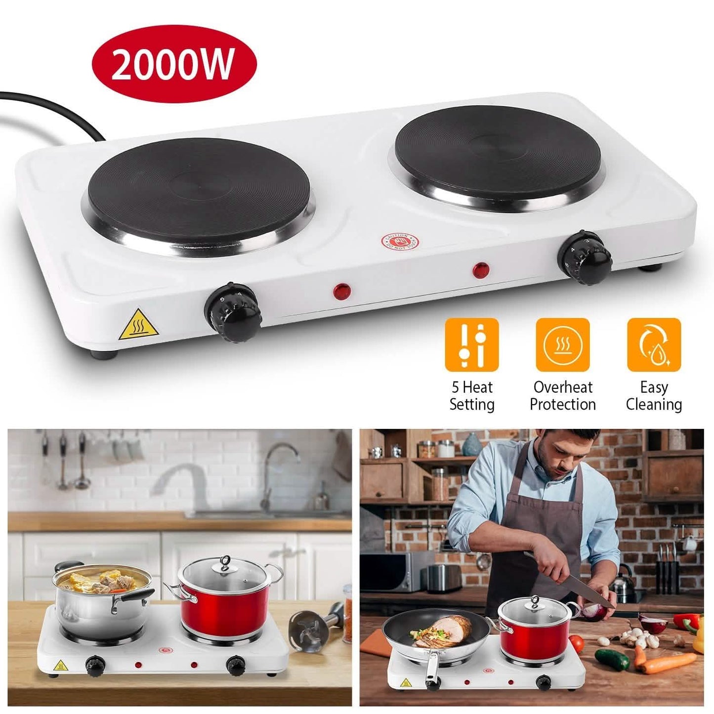 2000W Portable Double Electric Burner Kitchen Appliances - Tophatter Daily Deals