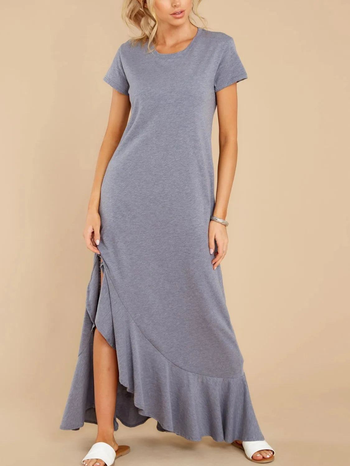 Slit Round Neck Short Sleeve Maxi Dress Casual Dresses - Tophatter Daily Deals