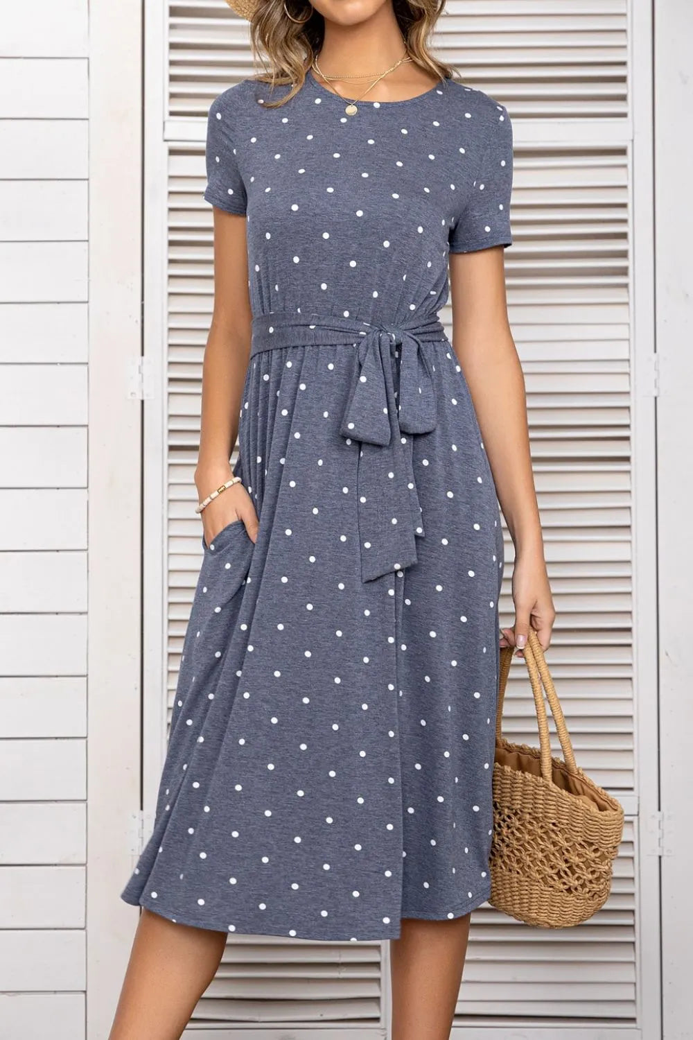 Belted Tee Dress With Pockets Misty Blue Casual Dresses - Tophatter Daily Deals