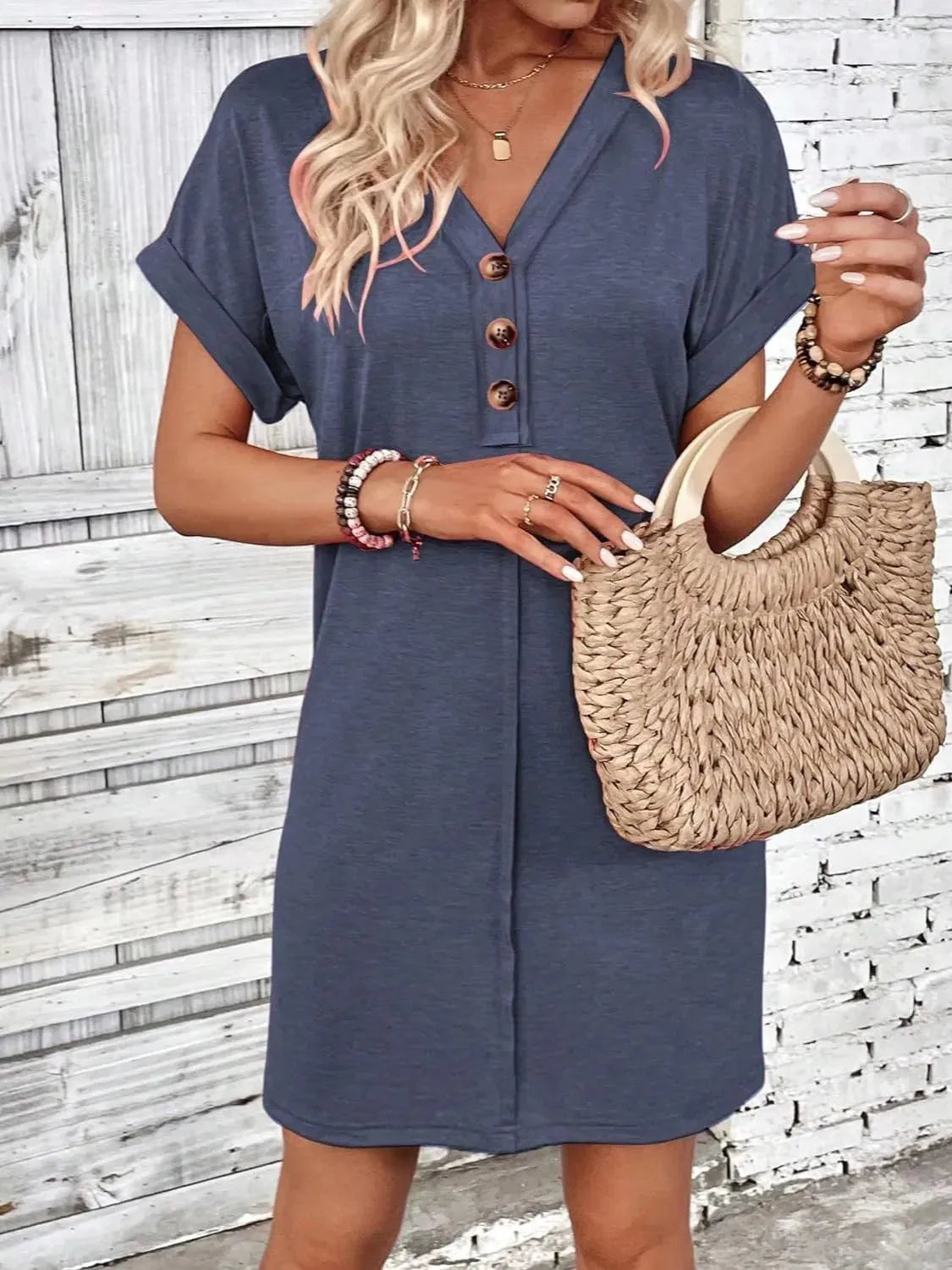 Quarter Button V-Neck Short Sleeve Dress Casual Dresses - Tophatter Daily Deals