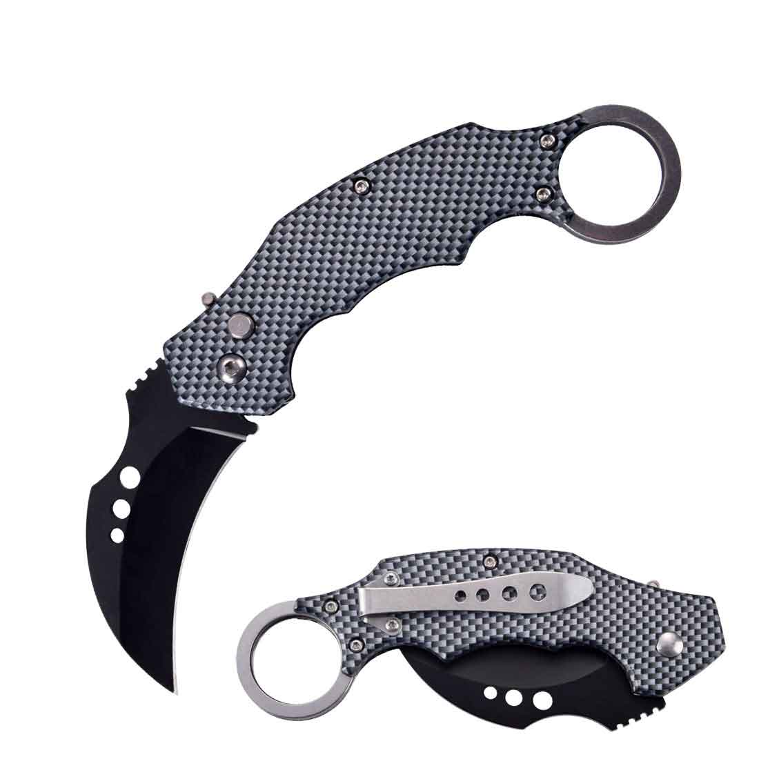 5" Closed Switch Blade Karambit Knife With Finger Ring - Carbon Fiber Collectible Weapons - Tophatter Daily Deals