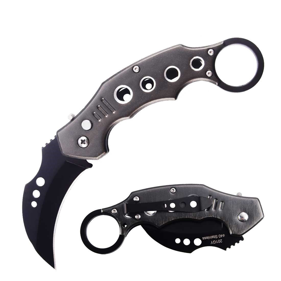 5" Closed Switch Blade Karambit Knife With Finger Ring - Grey - Tophatter's Guns'N'Weapons Store Collectible Weapons - Tophatter Daily Deals
