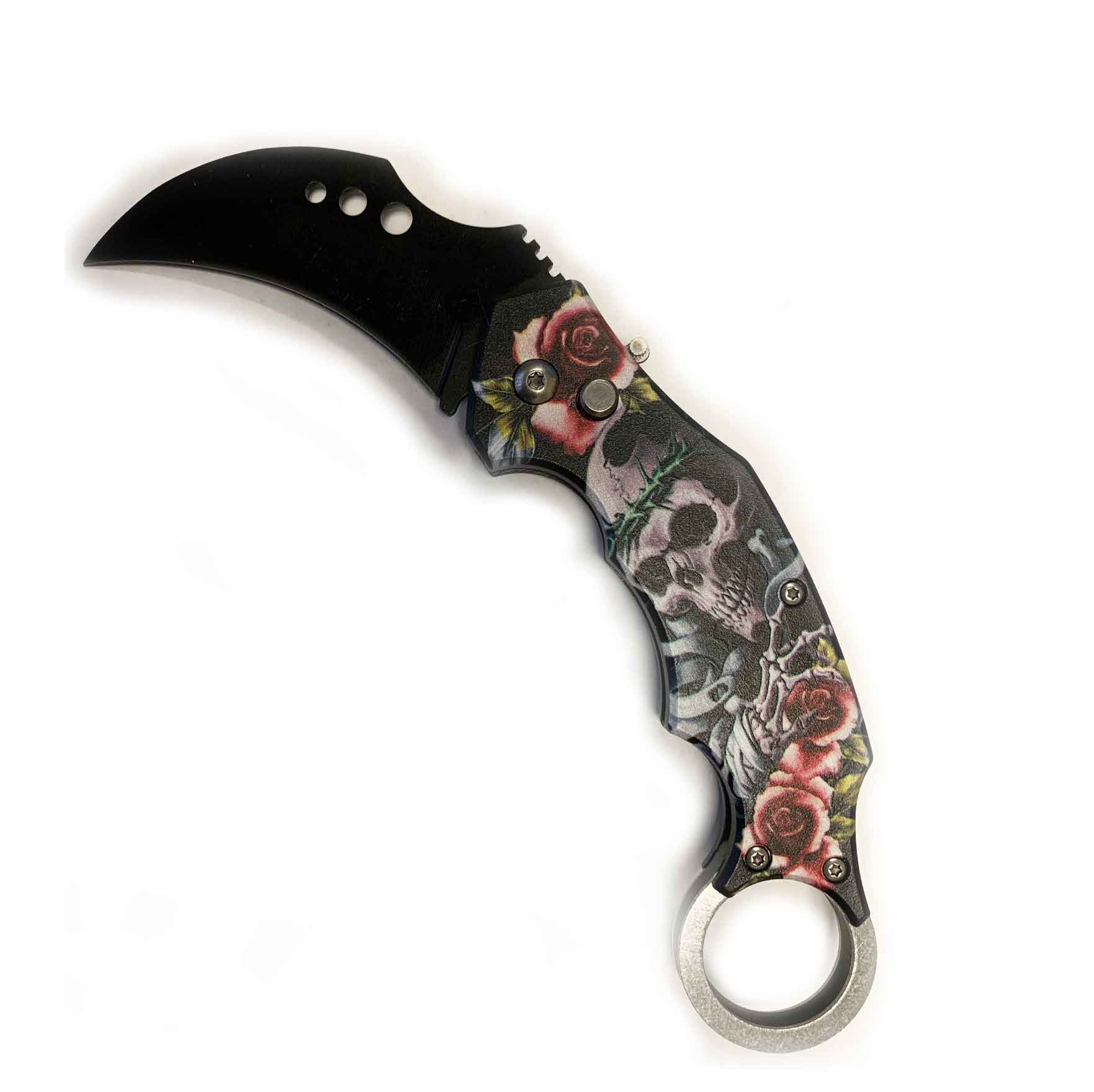 5" Closed Skull and Roses SwitchBlade Karambit Knife Finger Ring Collectible Weapons - Tophatter Daily Deals