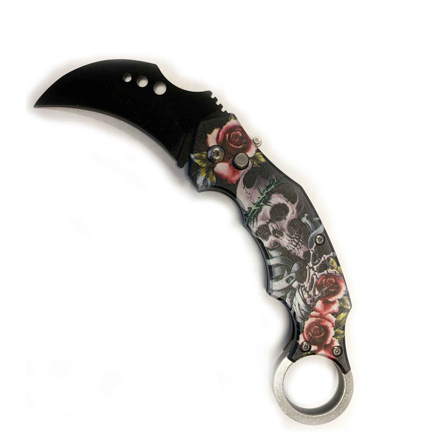 5" Closed Skull and Roses SwitchBlade Karambit Knife Finger Ring - Tophatter's Guns'N'Weapons Store Collectible Weapons - Tophatter Daily Deals