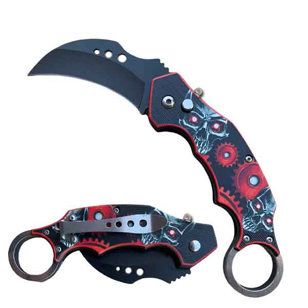 5" Closed Skeleton SwitchBlade Karambit Knife Finger Ring - Red Collectible Weapons - Tophatter Daily Deals
