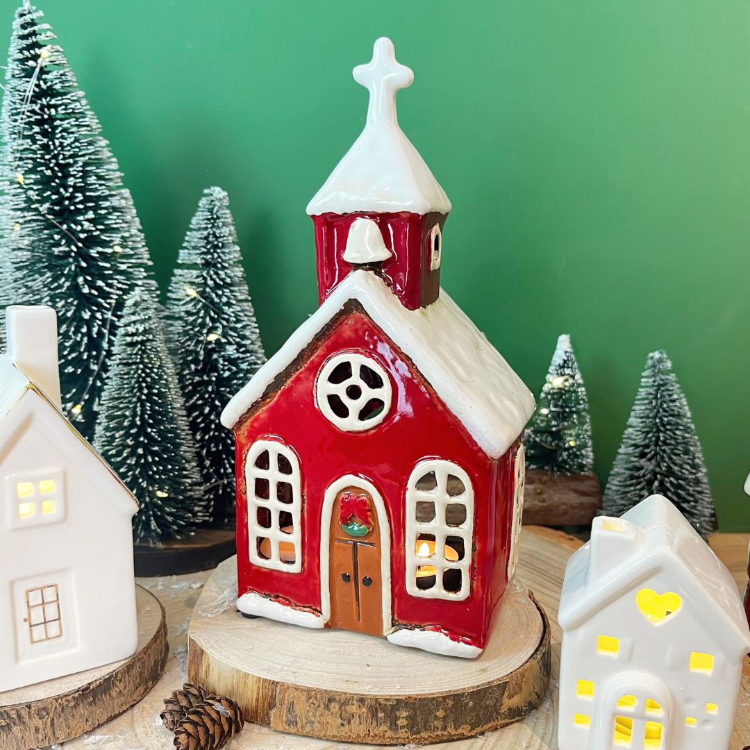Ceramic Christmas Church Tealight Holder | Candle Holder Christmas Ornament Candle Holder - Tophatter Daily Deals