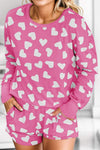 Heart Print Round Neck Top and Shorts Lounge Set Cerise Loungewear Sets - Tophatter Daily Deals