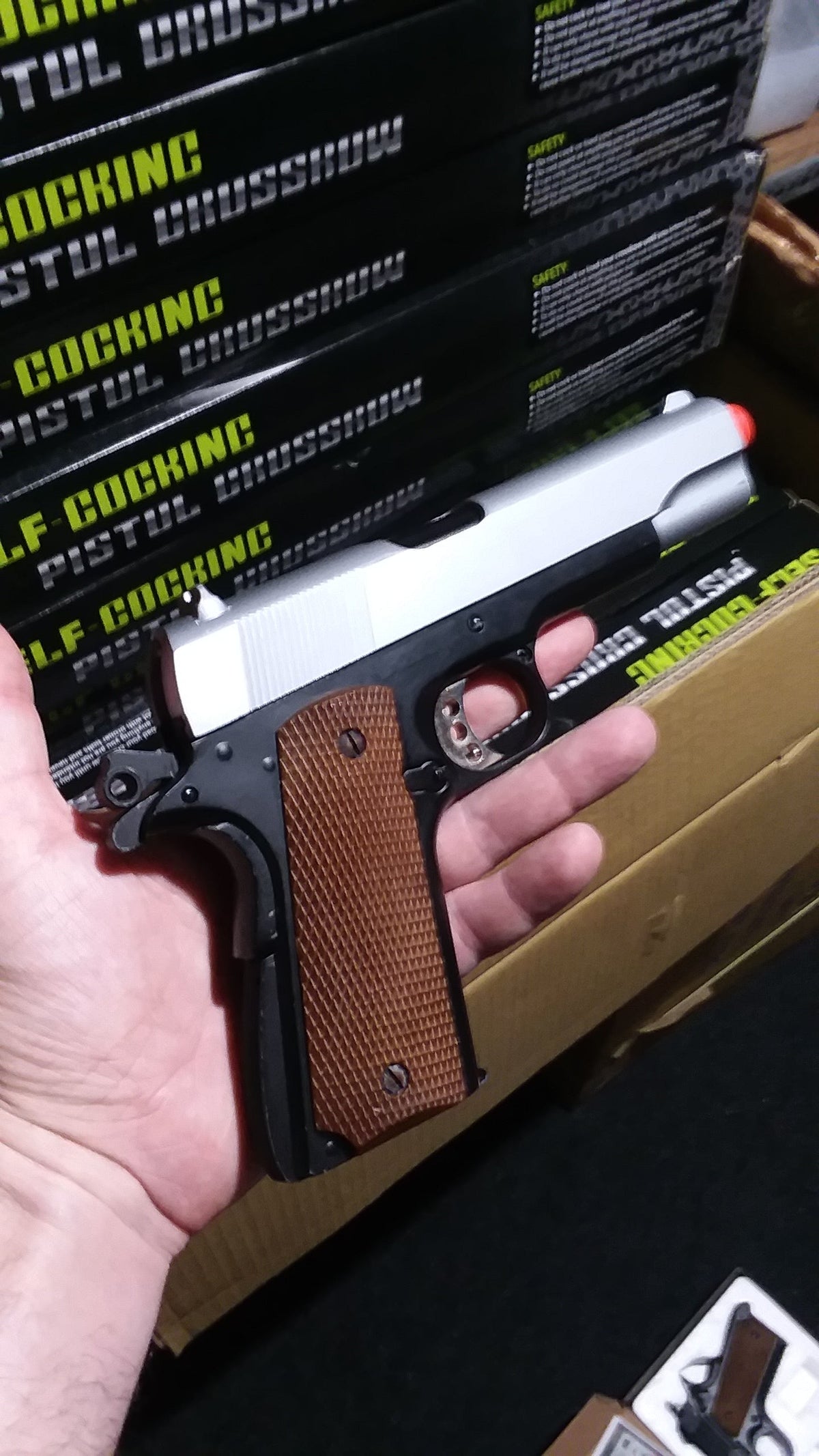FULL METAL M1911 Style Airsoft Pistol w/ Extra Storage 42 rds - Silver Tan Grip - Silver Slide Airsoft-SpringPistol - Tophatter Daily Deals