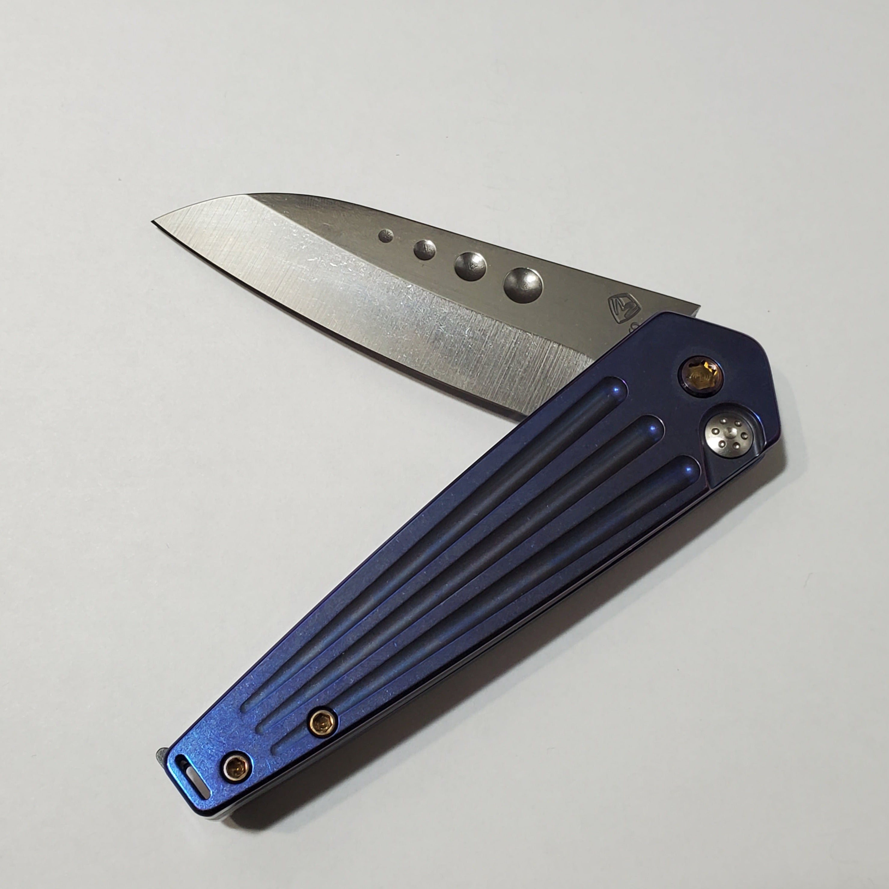 Medford Nosferatu Flipper - Tumbled Blade - Dark Blue Flamed Handles - S35VN Knives - Tophatter Daily Deals
